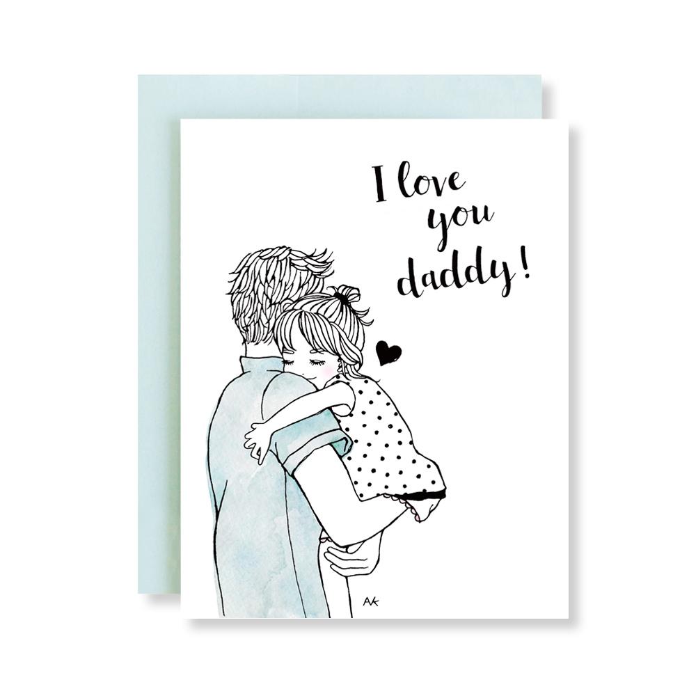 Love You Daddy Father Card from Daughter with aqua metallic envelope, featuring a blank interior for personal messages.
