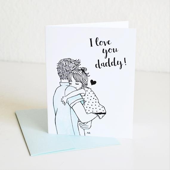 Love You Daddy Father Card from Daughter with aqua metallic envelope, featuring a blank interior for personal messages.