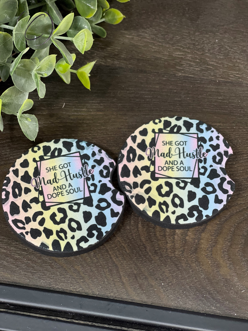 Mad Hustle & Dope Soul car coaster set featuring a stylish design, made of durable neoprene, perfect for car cup holders.