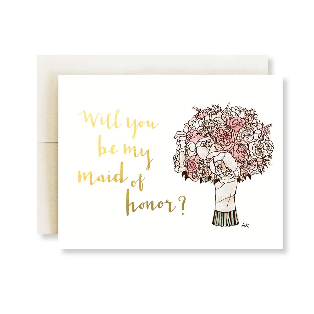 Maid of Honor Flower Bouquet Illustration Gold Foil Card with quartz metallic envelope, showcasing elegant floral design and gold foil accents.