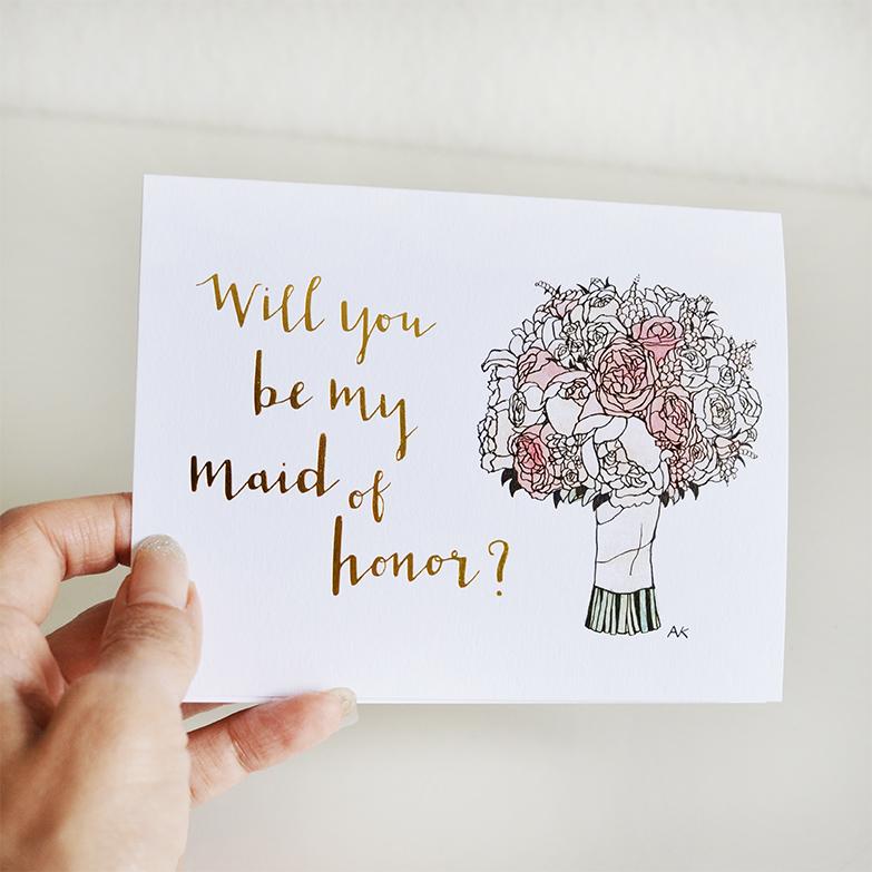 Maid of Honor Flower Bouquet Illustration Gold Foil Card with quartz metallic envelope, showcasing elegant floral design and gold foil accents.
