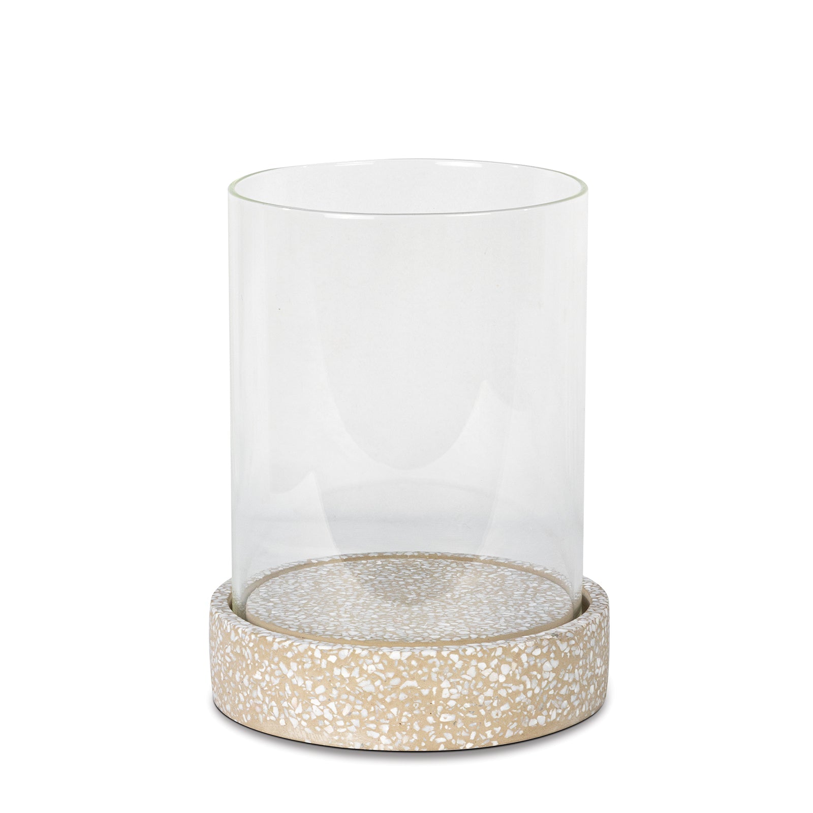 Marcello Terrazzo Hurricane Small featuring a unique terrazzo base and tall glass tunnel, perfect for candlelight decor.
