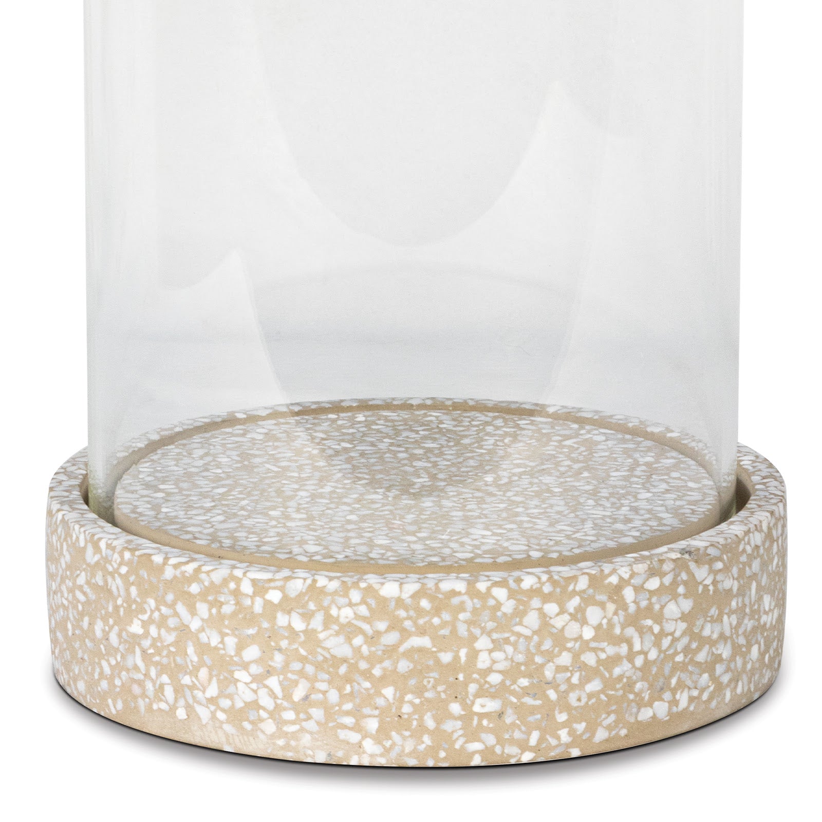 Marcello Terrazzo Hurricane Small featuring a unique terrazzo base and tall glass tunnel, perfect for candlelight decor.