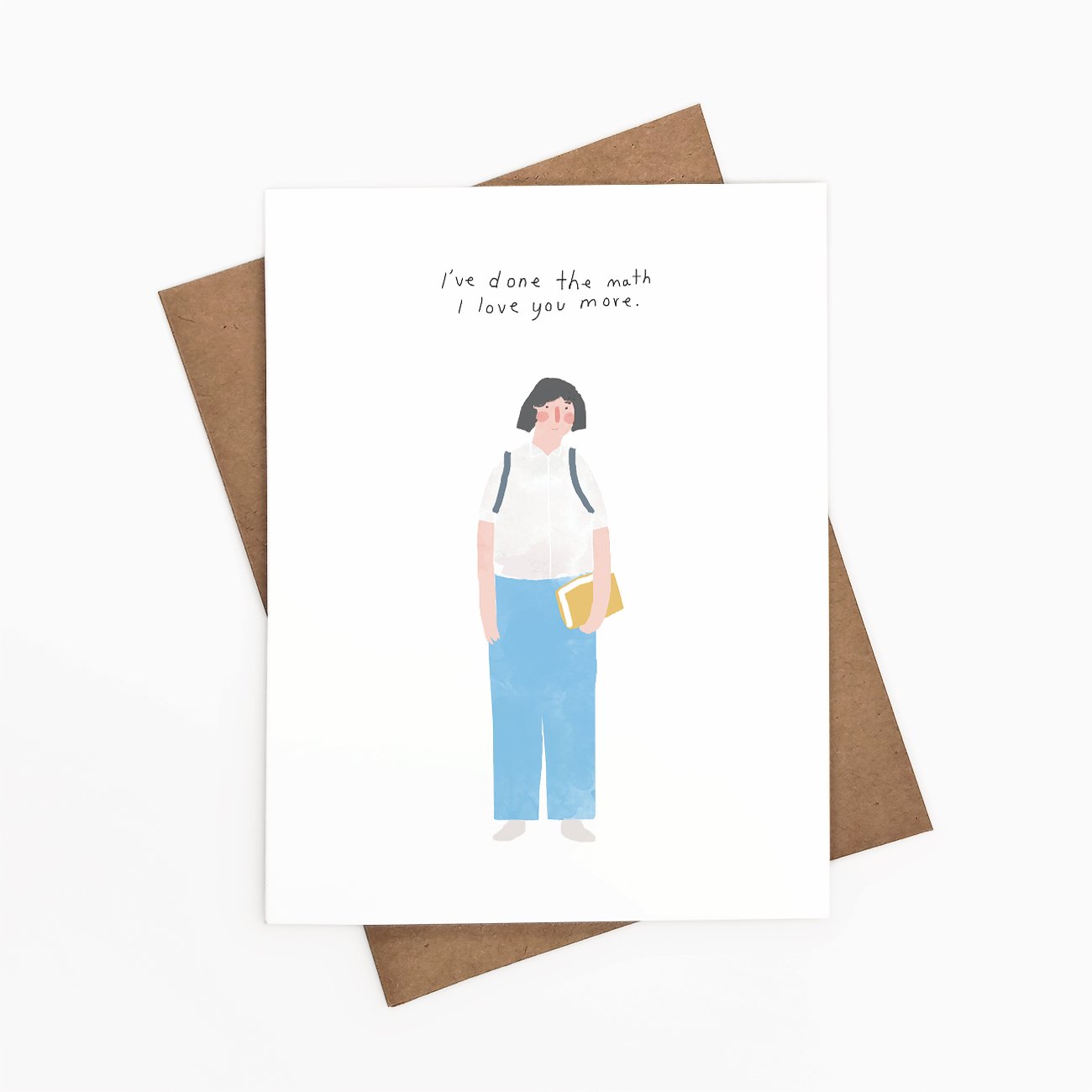 Math, I Love You More greeting card on recycled paper with Kraft envelope, featuring a heartfelt design.