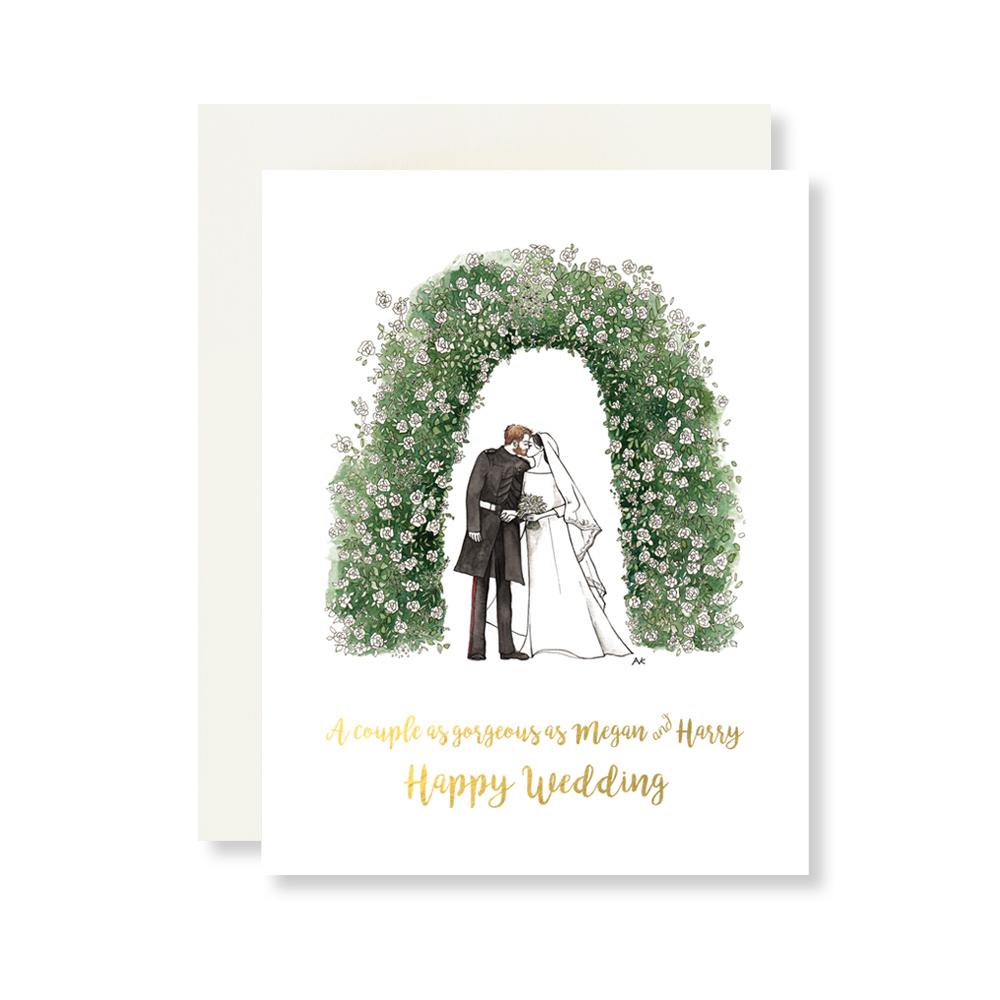 Megan & Harry Royal Wedding Card featuring gold foil stamping on elegant white paper with a quartz metallic envelope.