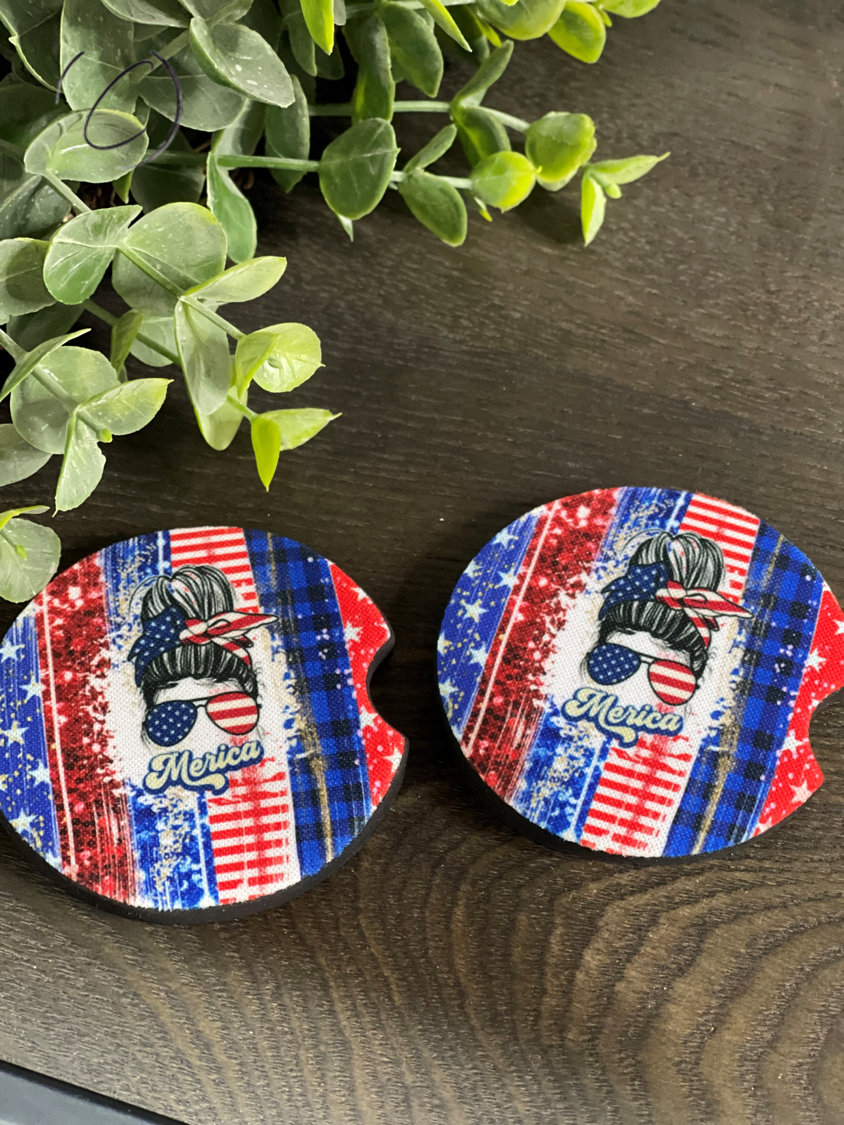 Merica Car Coaster Set featuring vibrant design and durable neoprene material, perfect for car cup holders.