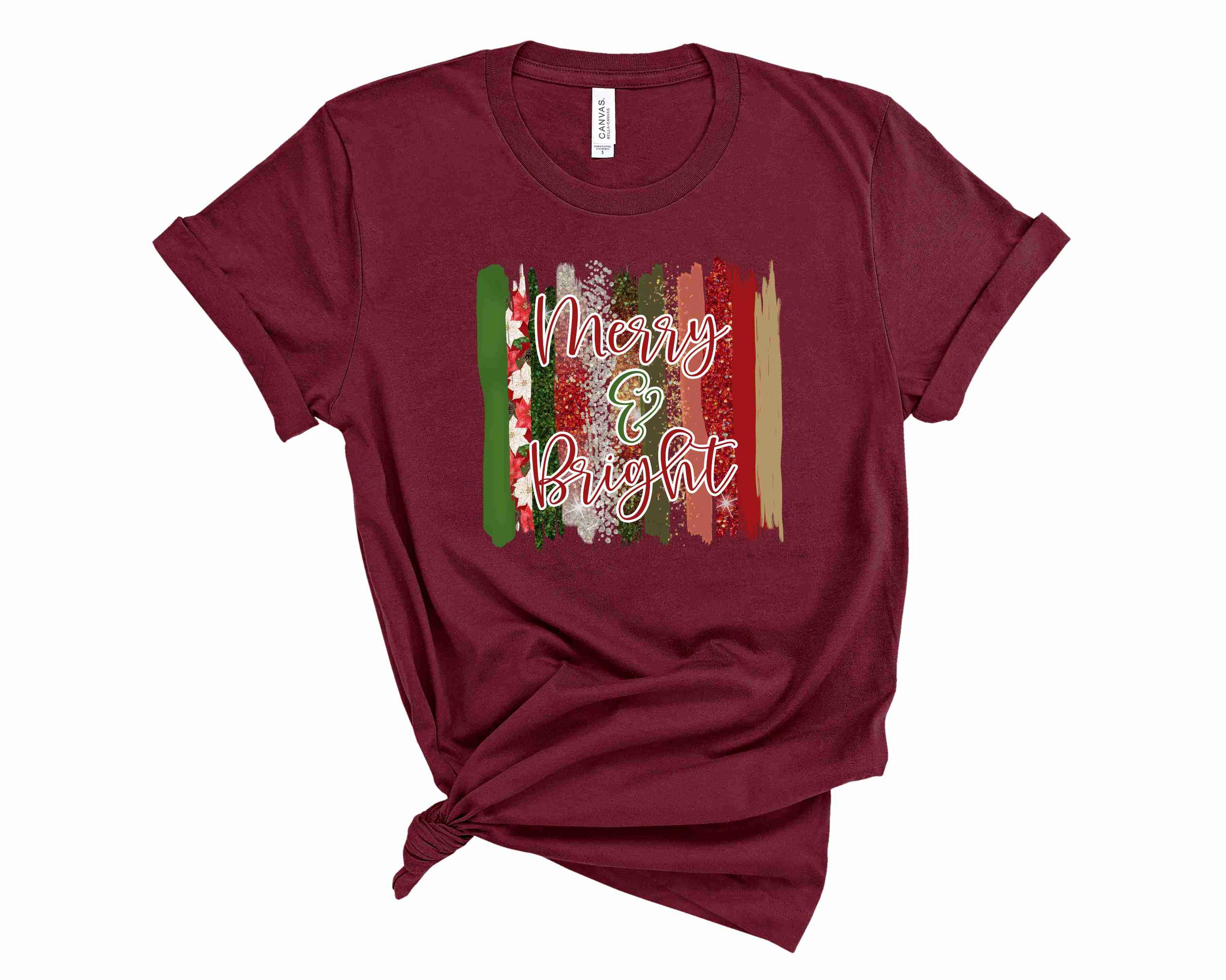 Merry and Bright Graphic Tee featuring colorful paint strokes design on a unisex t-shirt.