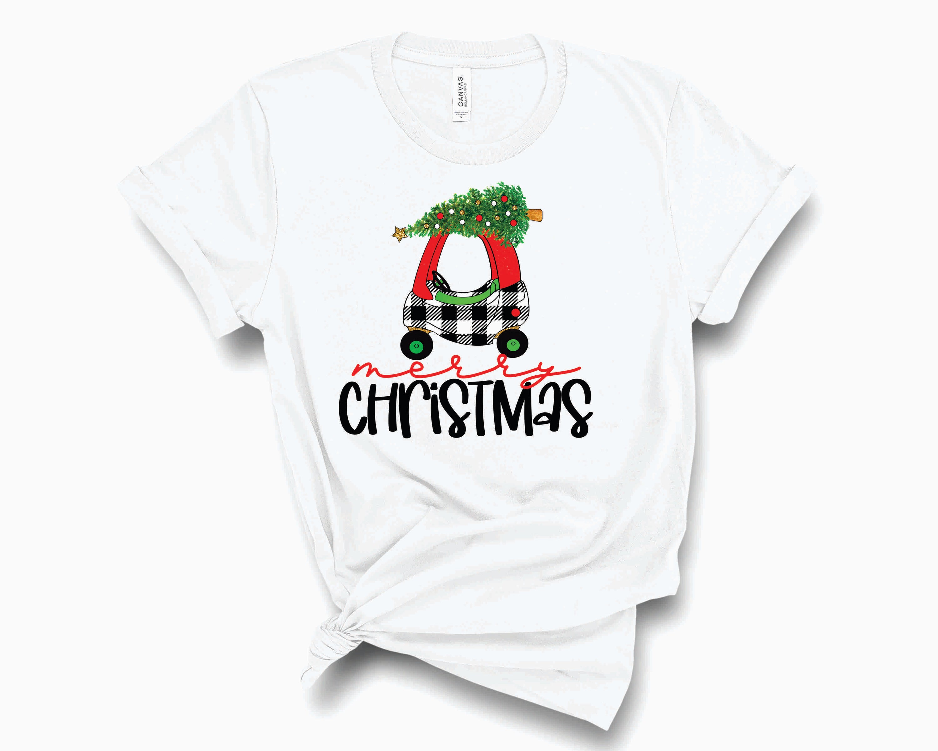 Merry Christmas Plaid Coupe Graphic Tee featuring a festive plaid design, perfect for holiday celebrations.