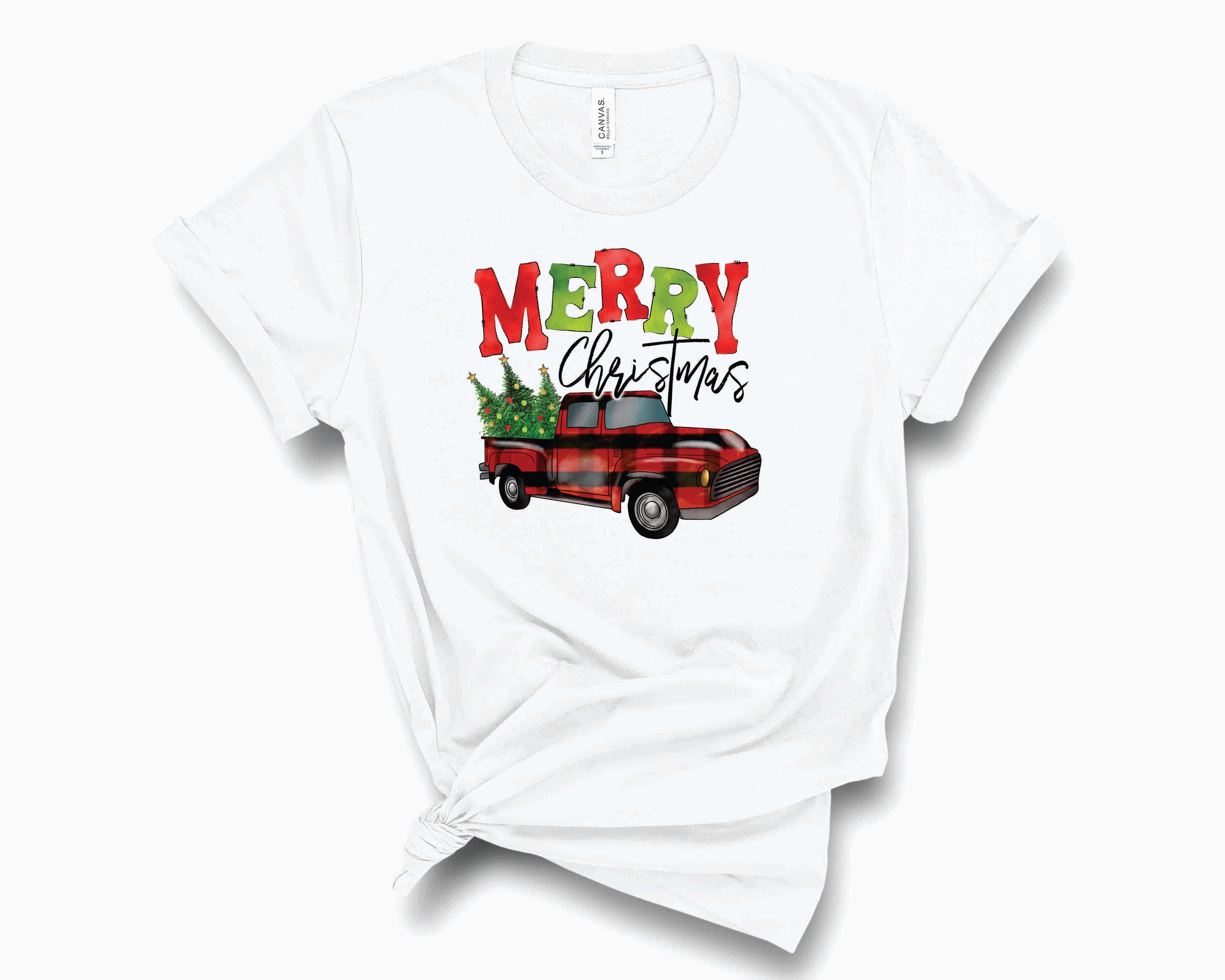 Merry Christmas Plaid Truck Graphic Tee featuring a festive plaid truck design on a soft unisex t-shirt.