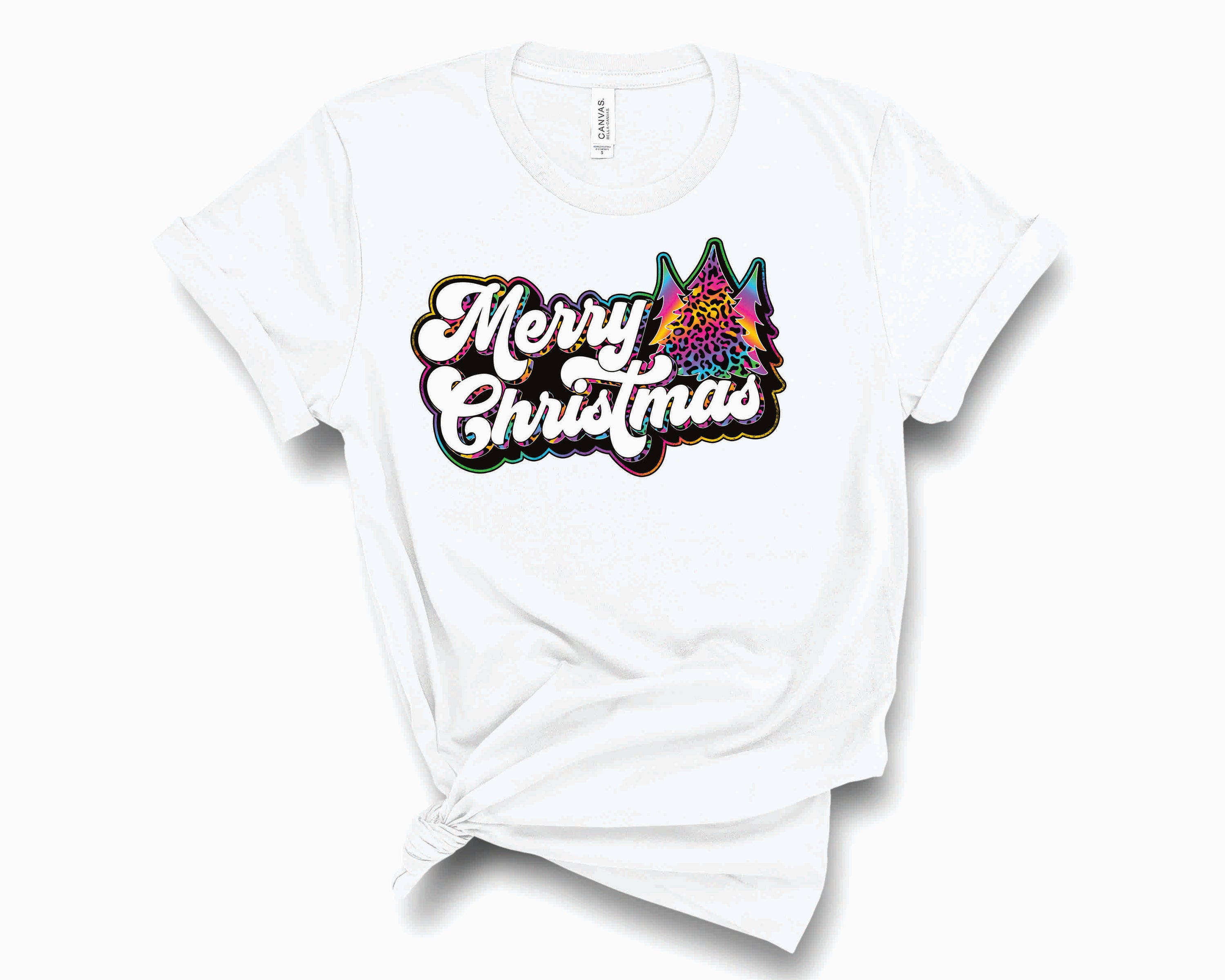 Merry Christmas Retro Rainbow Leopard Trees Graphic Tee featuring vibrant colors and a unique design, perfect for festive occasions.