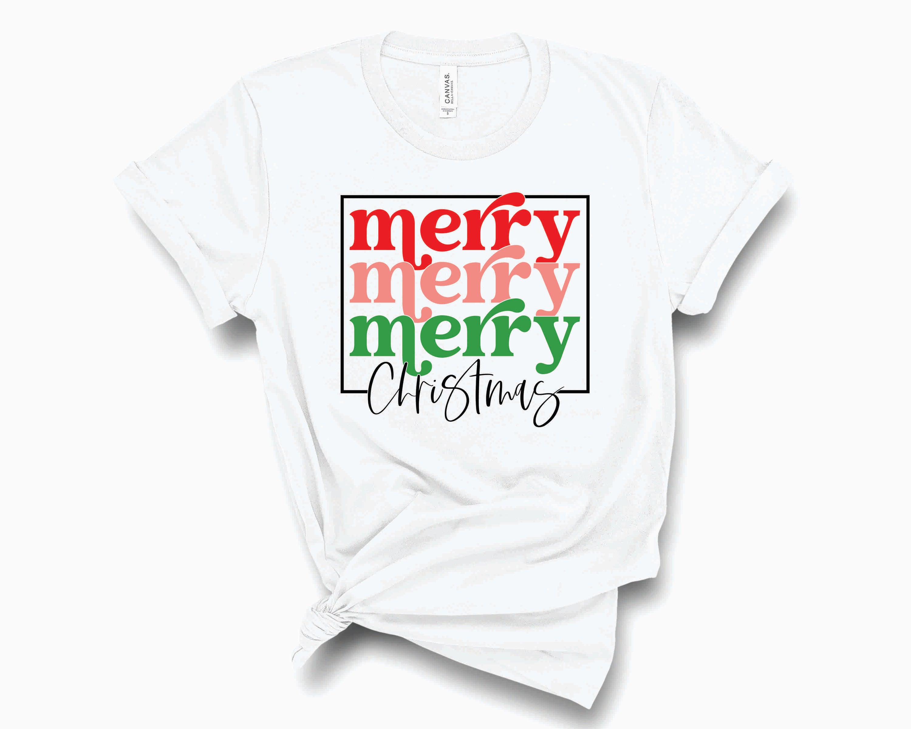 Merry Christmas Retro Stacked Graphic Tee featuring a festive design with retro typography in vibrant colors.