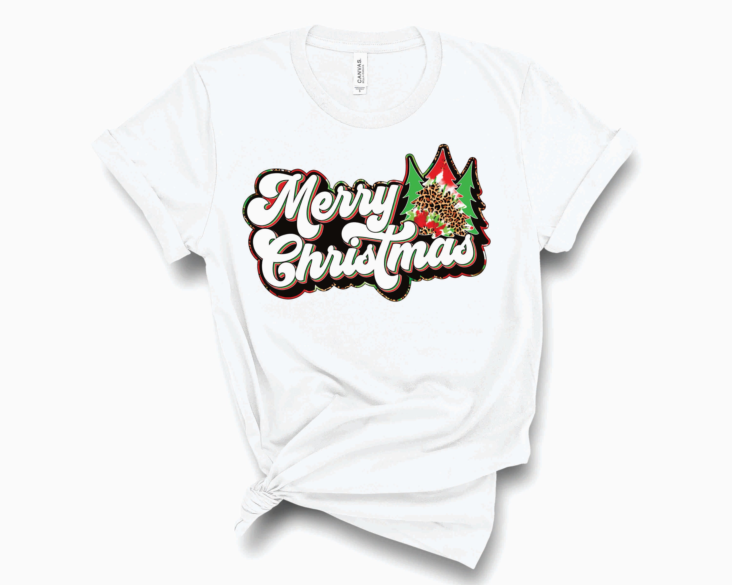 Merry Christmas Retro Tie Dye Leopard Trees Graphic Tee featuring colorful tie-dye and leopard print Christmas trees.