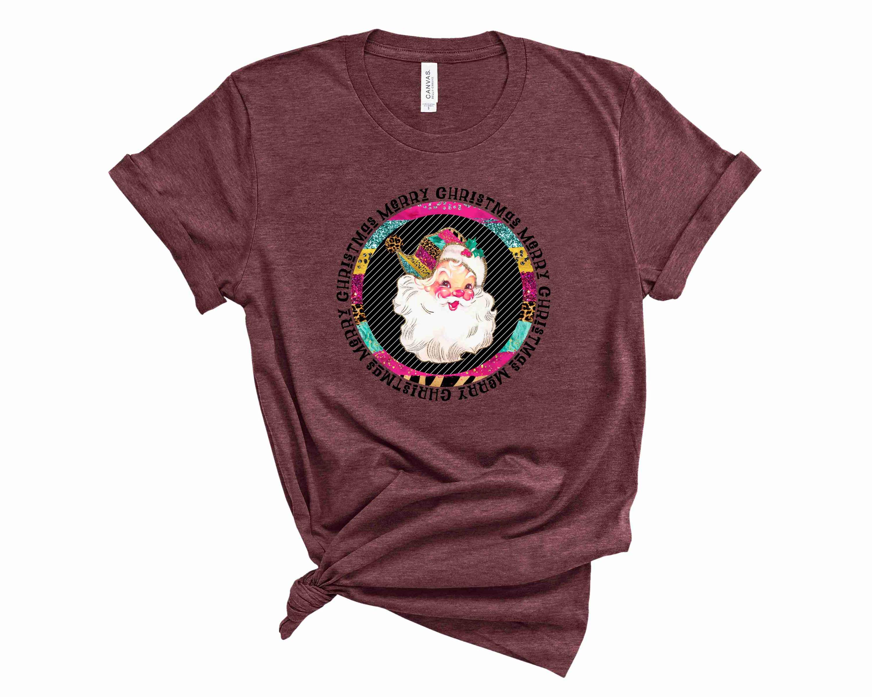 A Merry Christmas Santa Graphic Tee featuring a colorful Santa design, perfect for festive celebrations.