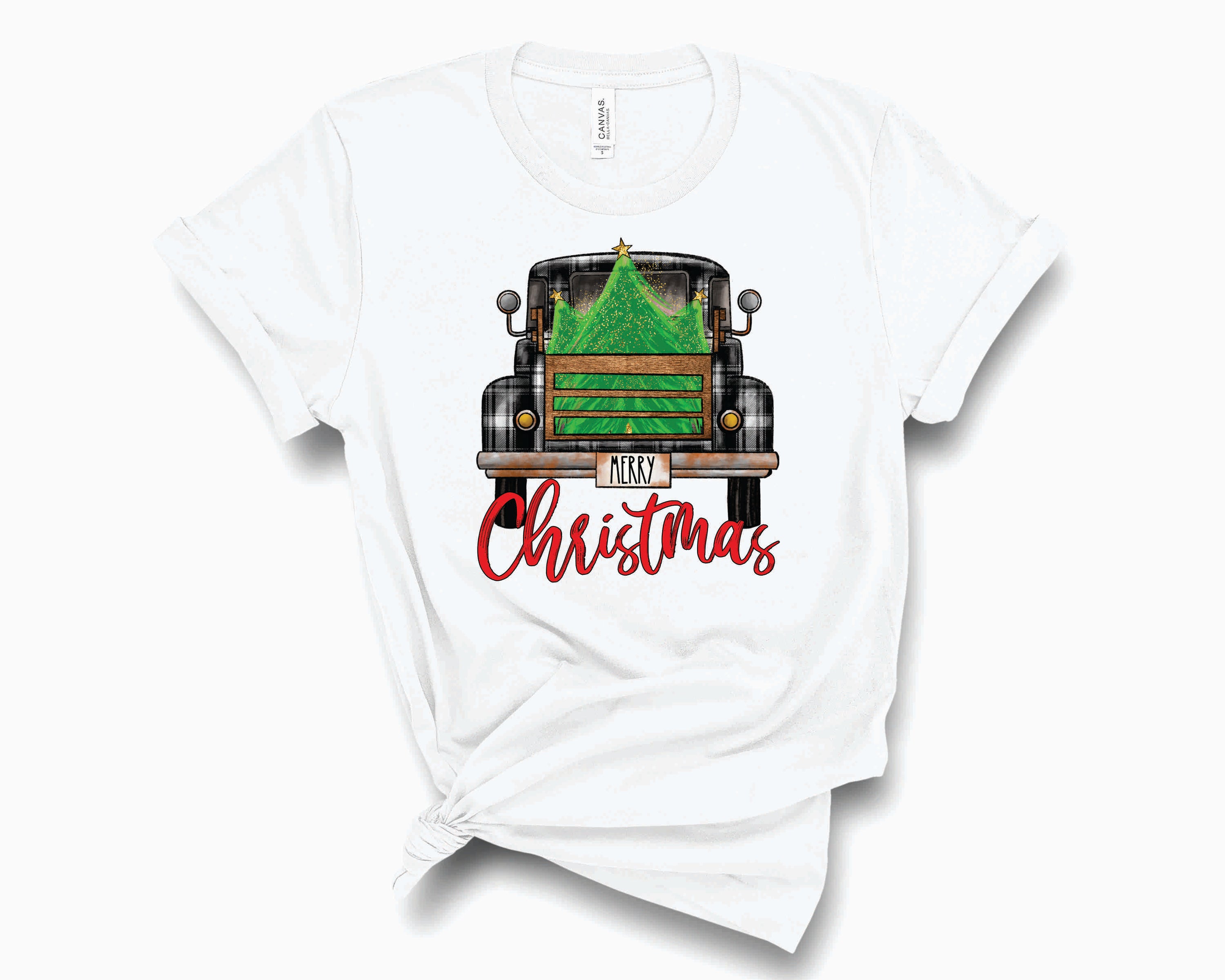 Merry Christmas Tree Truck BW Plaid Graphic Tee featuring a festive truck design with a Christmas tree in a black and white plaid pattern.