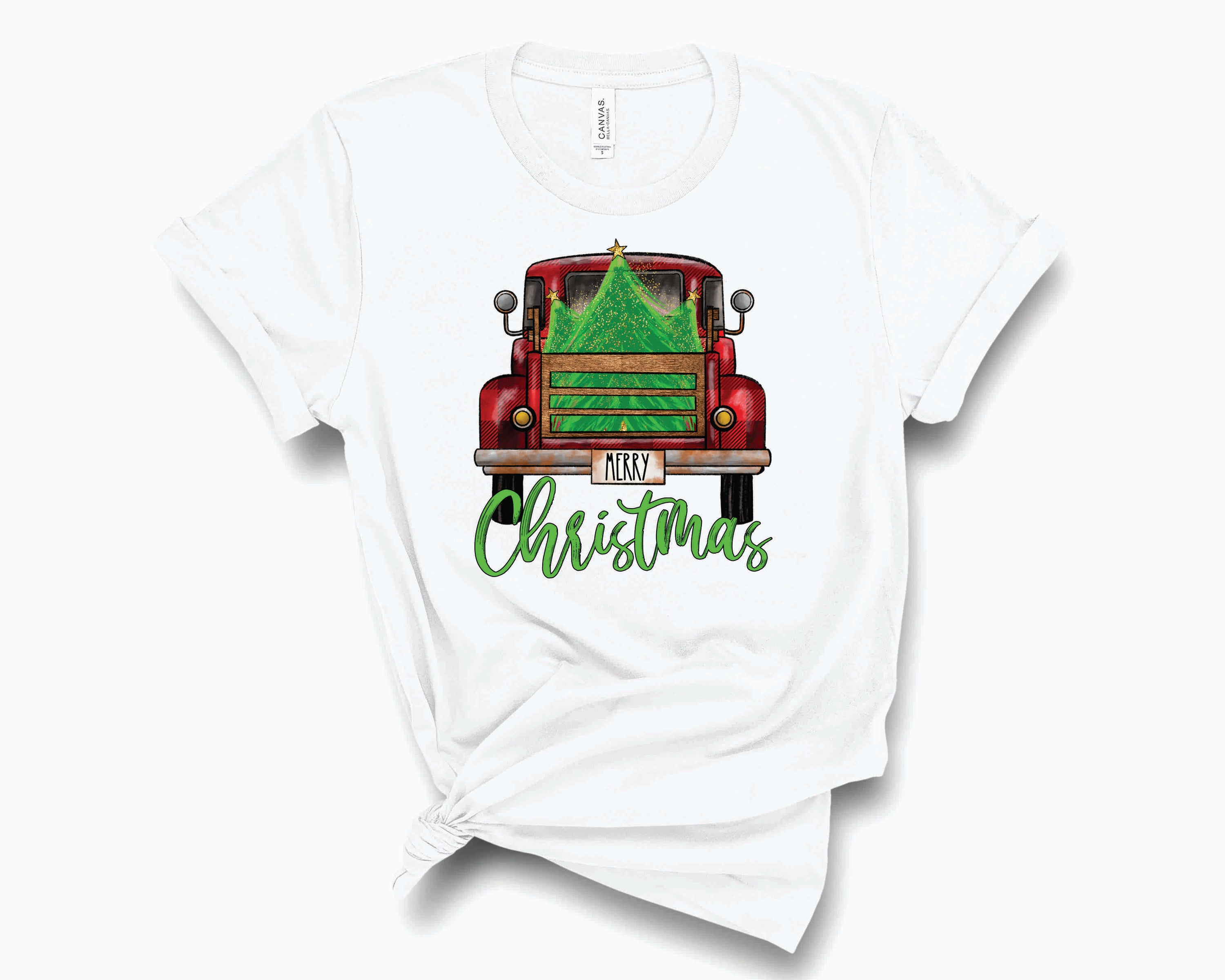 Merry Christmas Tree Truck Red Plaid Graphic Tee featuring a festive truck design with a Christmas tree, perfect for holiday celebrations.