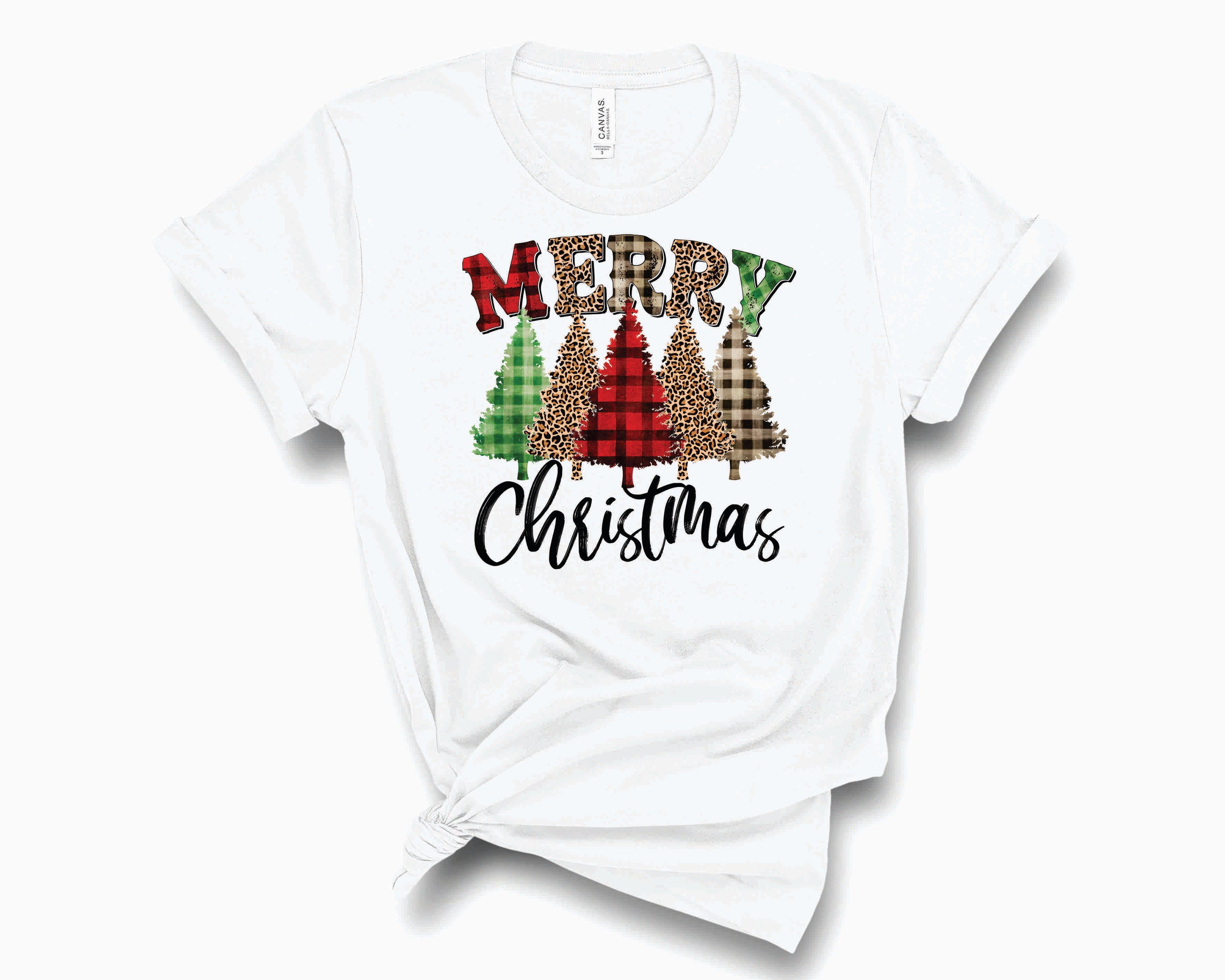 Merry Christmas Trees Mixed Plaid Graphic Tee featuring a festive tree design in plaid colors, suitable for unisex wear.