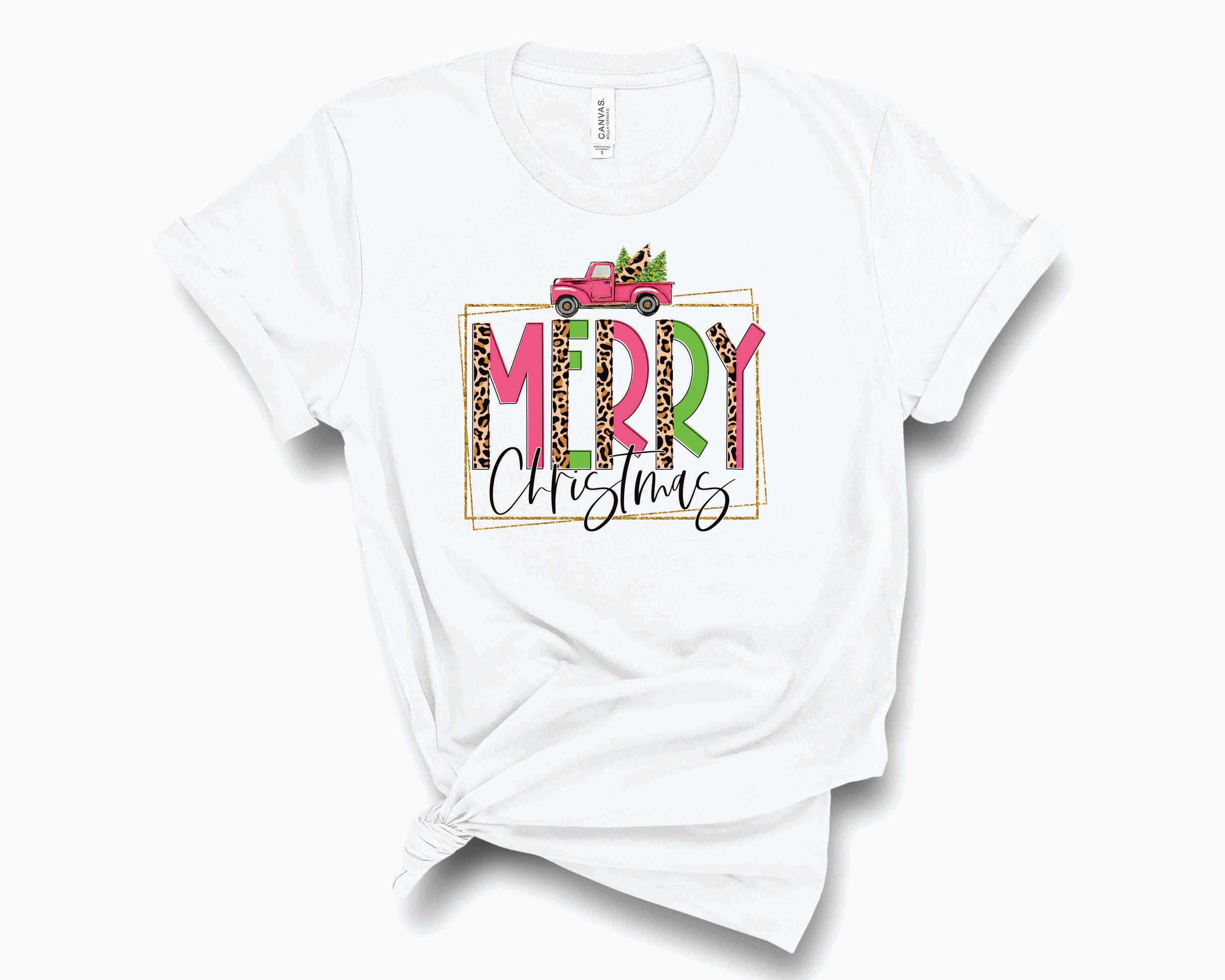 Merry Christmas Truck Box Pink Graphic Tee featuring a festive truck design, perfect for holiday celebrations.