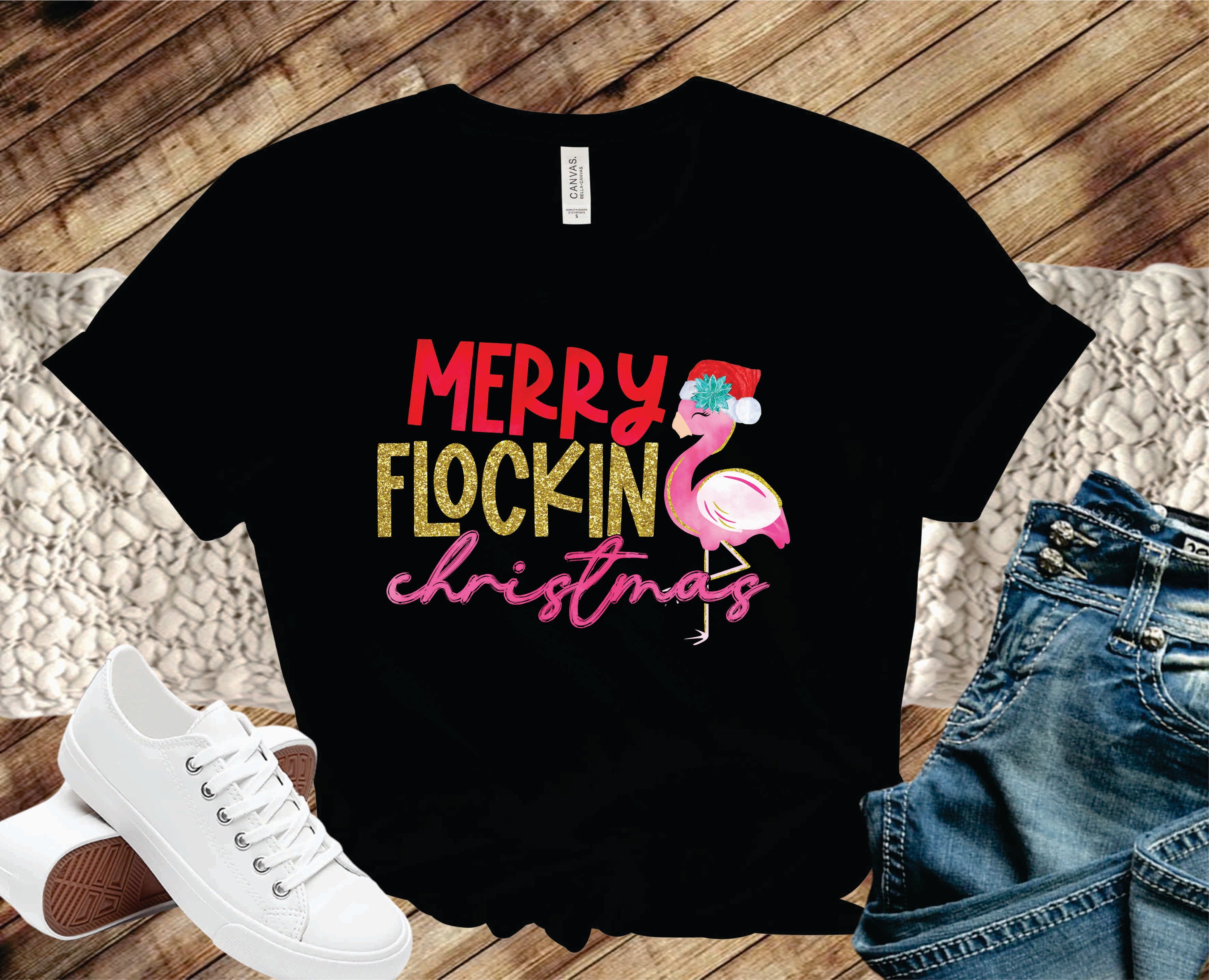 Merry Flockin Christmas Graphic Tee featuring a festive design, perfect for holiday celebrations.