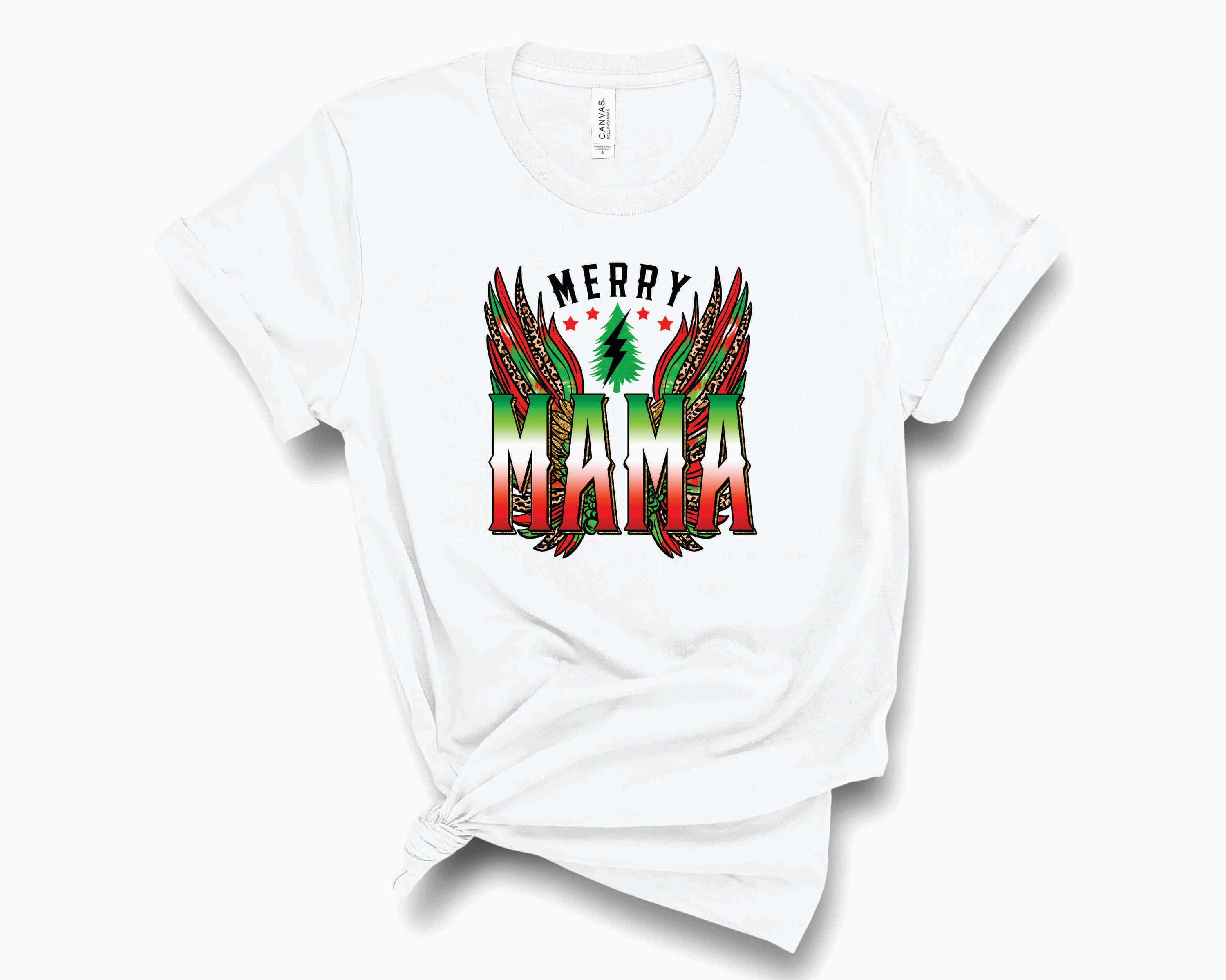 Merry Mama Retro Wings Graphic Tee featuring a stylish retro wings design on a soft unisex t-shirt.