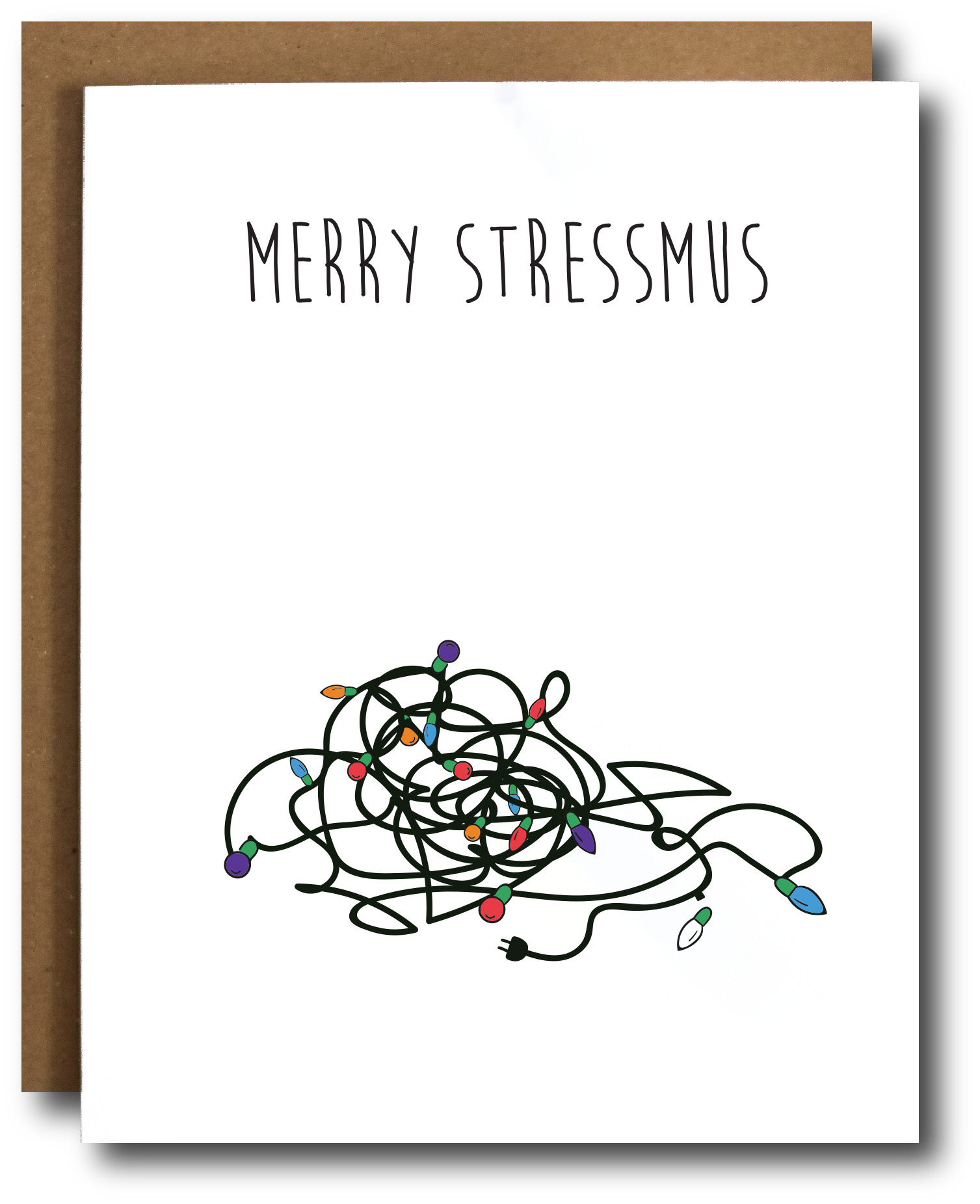 Merry Stressmus Funny Christmas Card with Kraft envelope, featuring a humorous design for the holiday season.