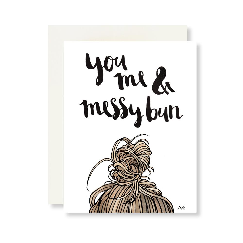 A stylish friendship card featuring a messy bun fashion illustration, printed on high-quality paper with a quartz metallic envelope.