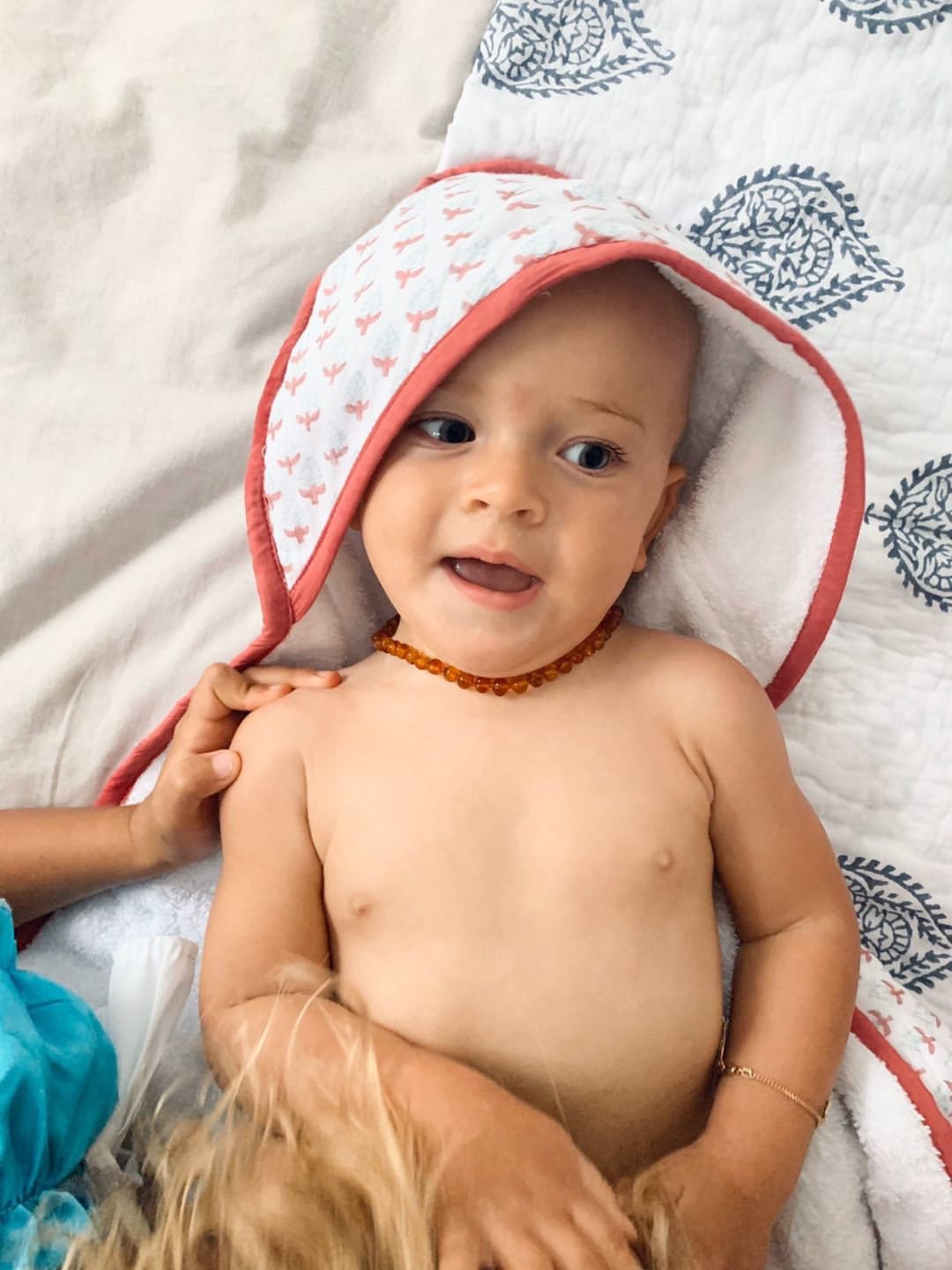 MIAMI TOWEL featuring block-printed design, soft cotton voile on one side and plush cotton terry on the other, perfect for newborns to toddlers.