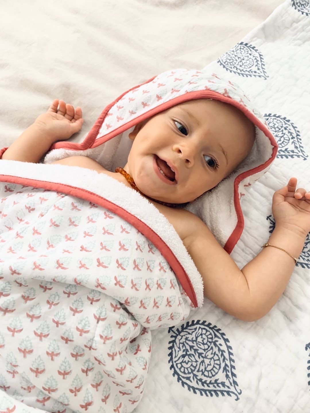 MIAMI TOWEL featuring block-printed design, soft cotton voile on one side and plush cotton terry on the other, perfect for newborns to toddlers.