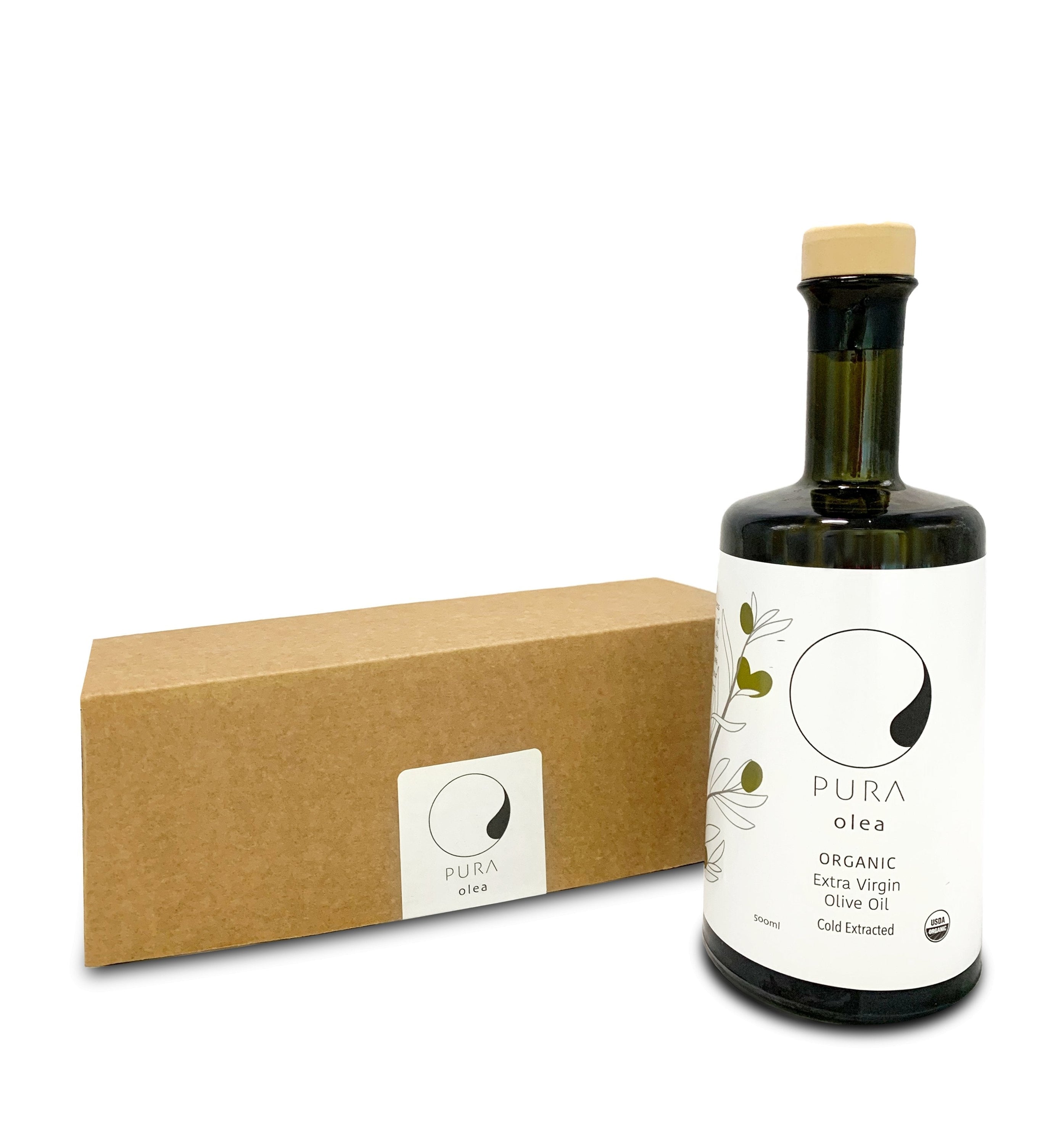 A case pack of 12 bottles of organic extra virgin olive oil, showcasing the elegant design and rich color of the oil inside.