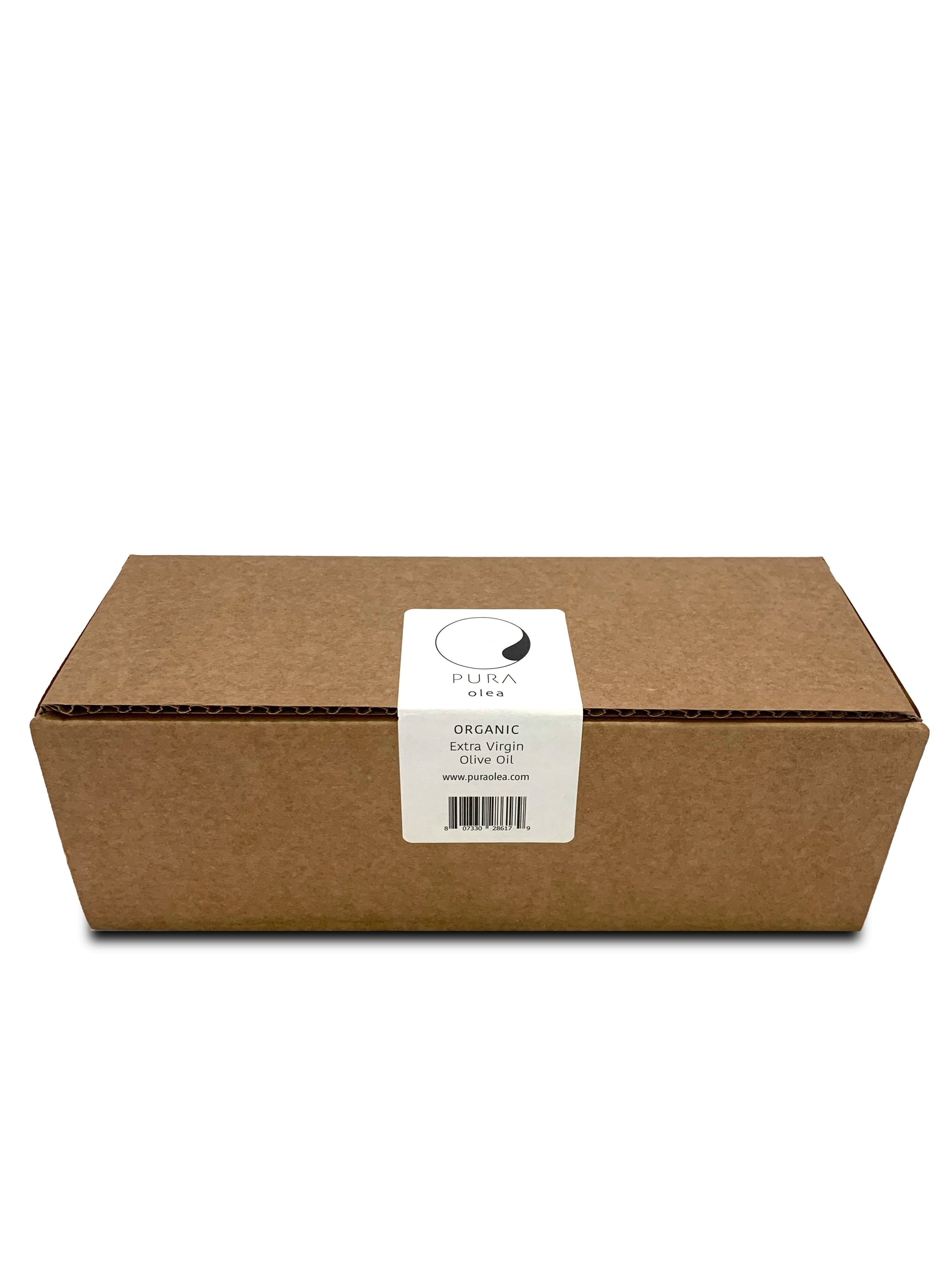 A case pack of 12 bottles of organic extra virgin olive oil, showcasing the elegant design and rich color of the oil inside.