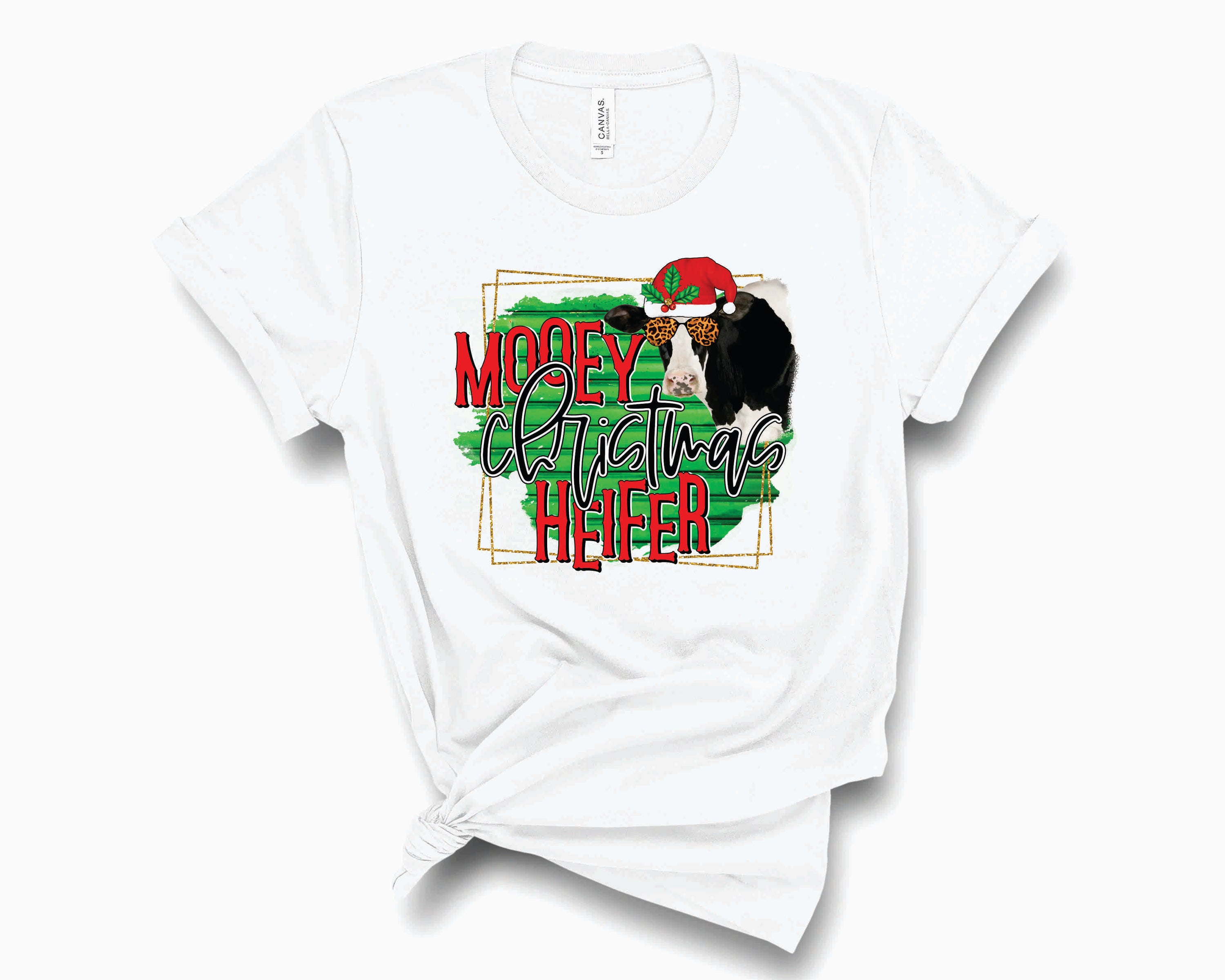 Mooey Christmas Heifer graphic tee featuring a playful cow design, perfect for festive occasions.