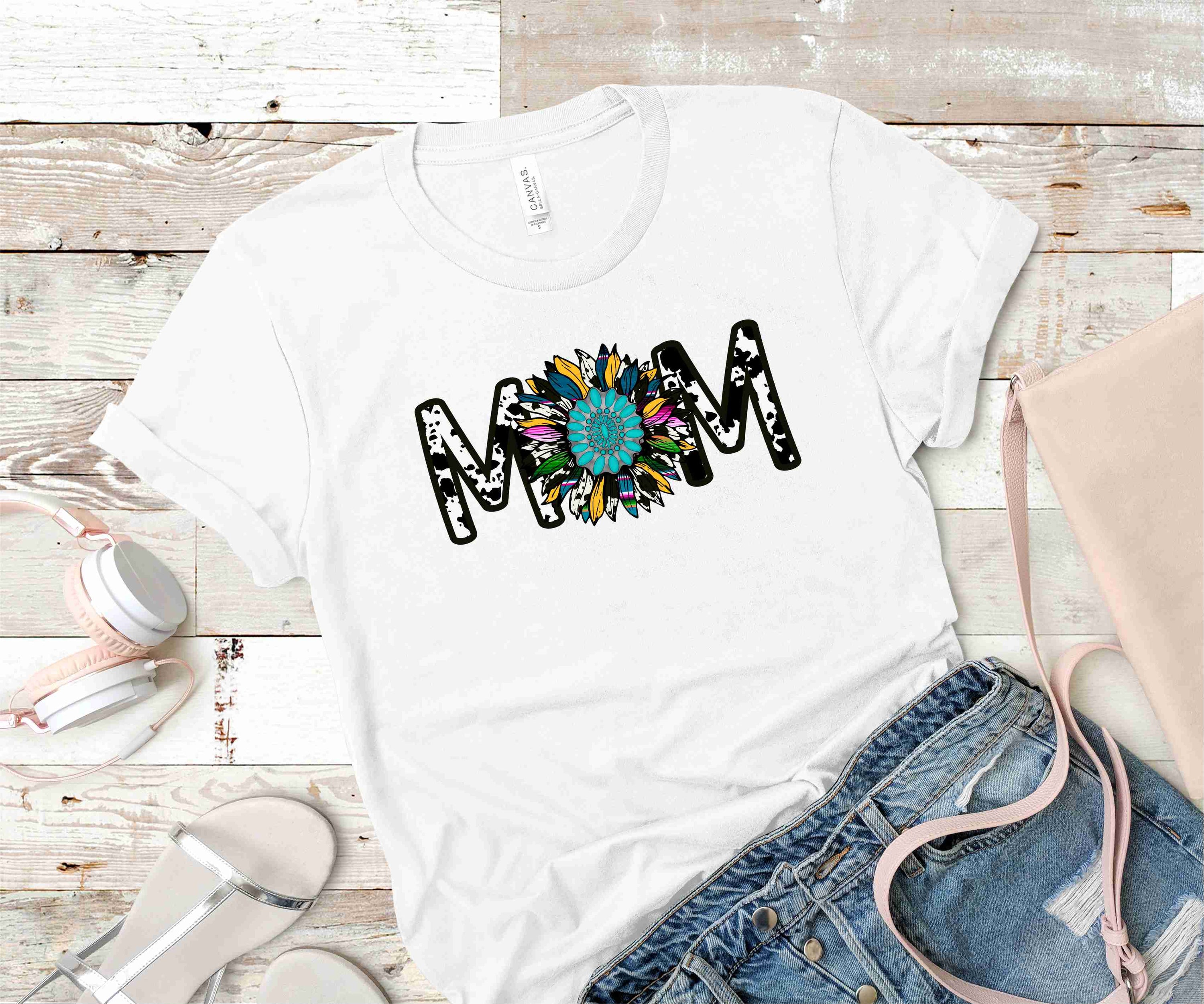 Mom Western Sunflower Graphic Tee featuring a vibrant sunflower design on a soft unisex t-shirt.
