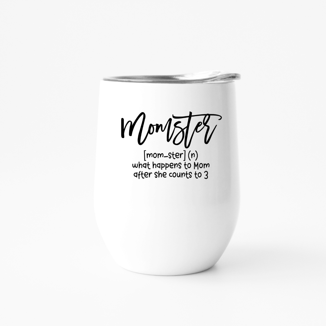 MOMSTER 12oz travel tumbler in stainless steel with a stylish design, perfect for busy moms.