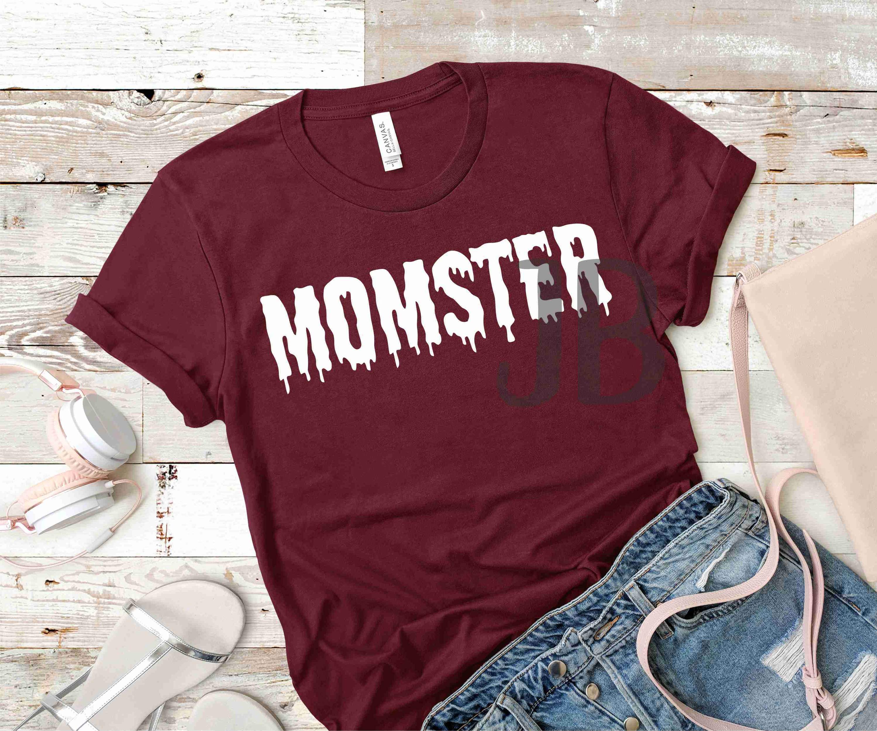 Momster Graphic T-Shirt featuring a playful design on a Bella Canvas fabric, available in multiple sizes.