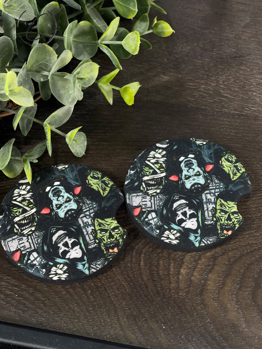 Monsters Car Coaster Set featuring vibrant designs, made of durable neoprene, perfect for cup holders.