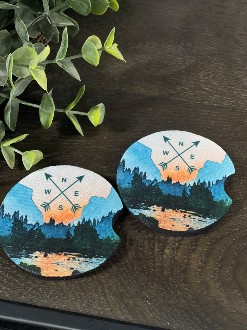 Mountain Compass Car Coaster Set featuring durable neoprene material and stylish design, perfect for car cup holders.