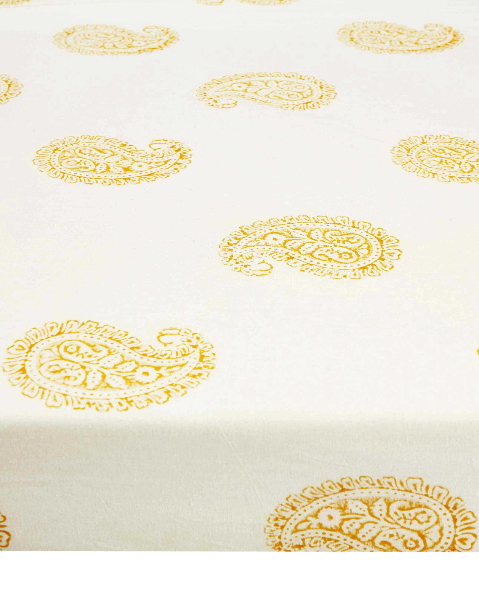 Mustard paisley fitted crib sheet made from ultra-soft cotton voile, featuring concealed elastic for a snug fit.
