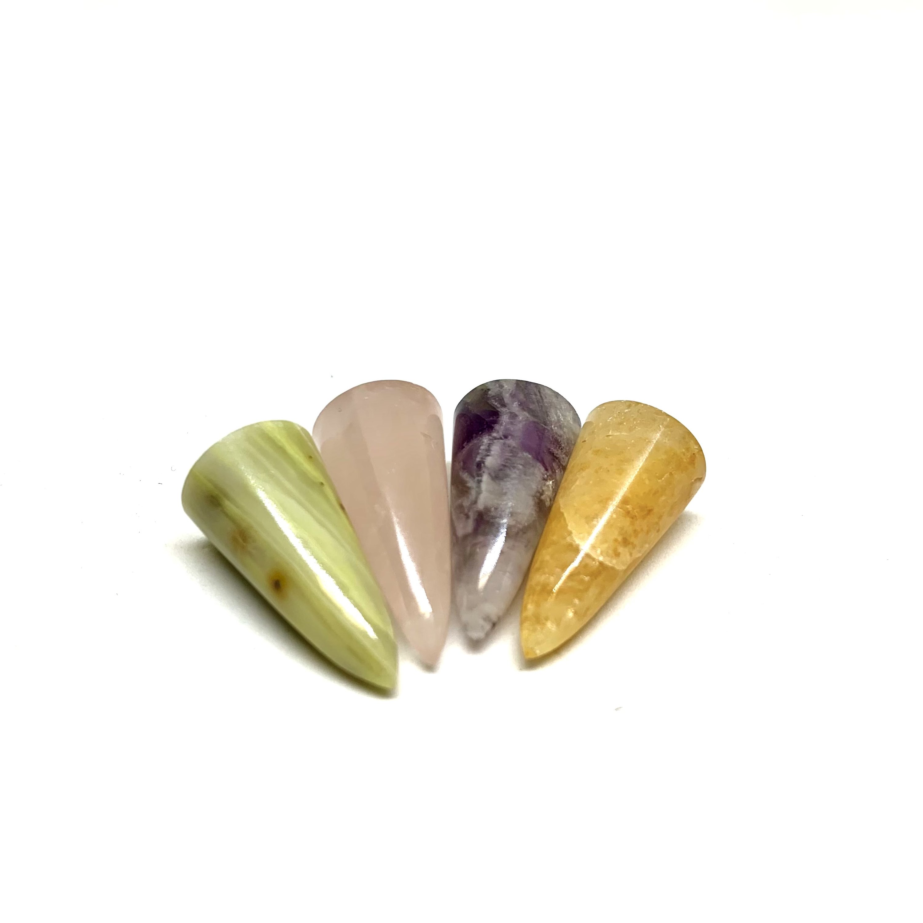 Natural Gemstone Pendulum Set featuring Amethyst, Rose Quartz, Citrine, and Amazonite in a silver pendulum case.