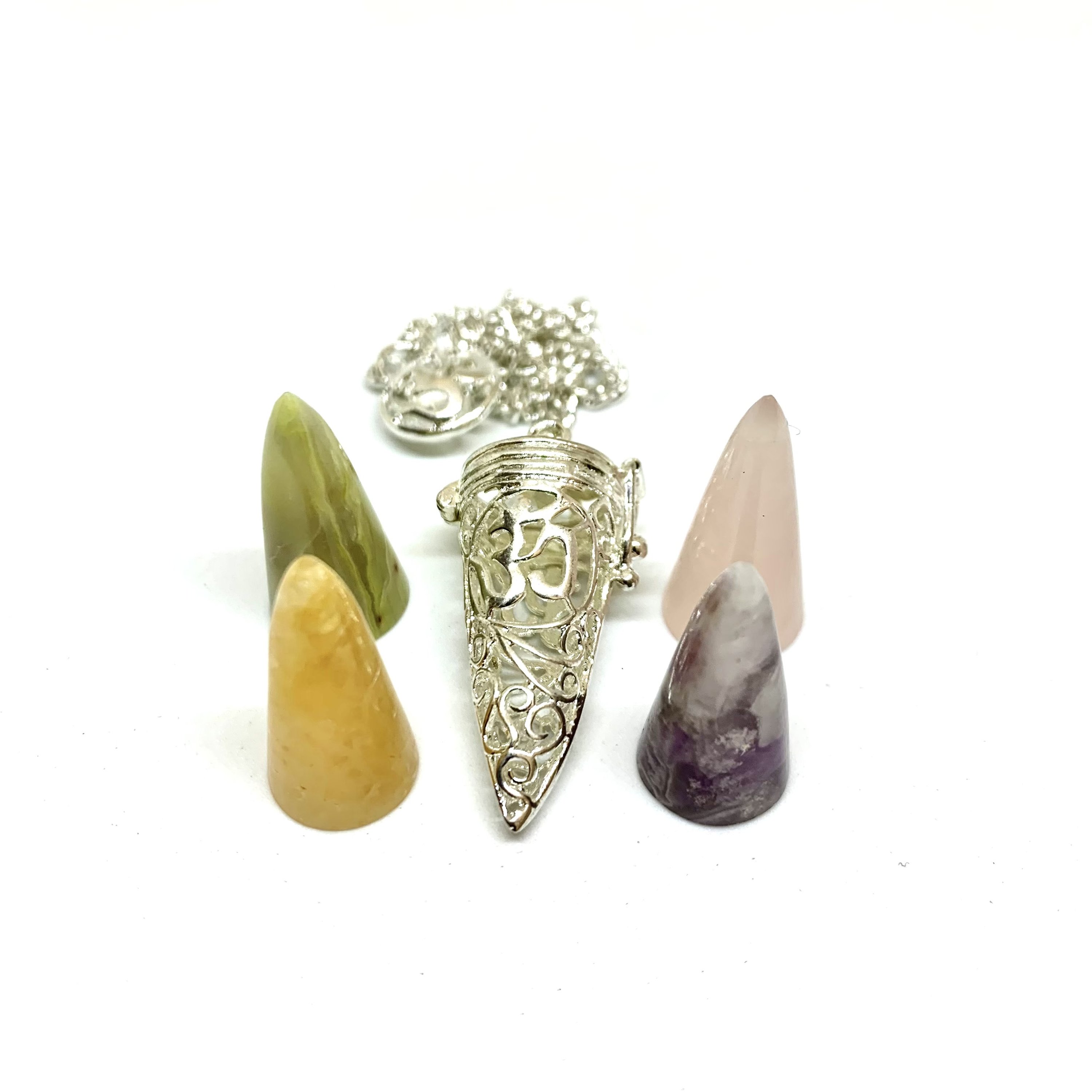Natural Gemstone Pendulum Set featuring Amethyst, Rose Quartz, Citrine, and Amazonite in a silver pendulum case.