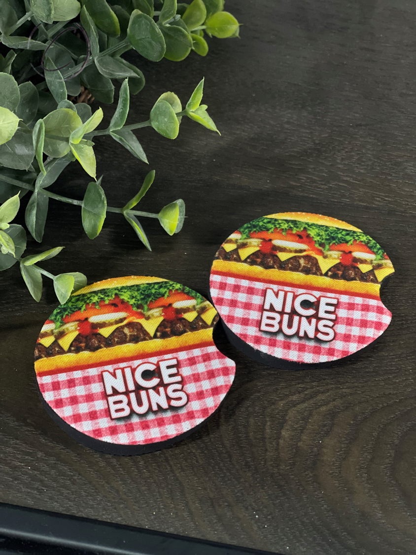 Nice Buns Car Coaster Set featuring a unique design made of durable neoprene, perfect for car cup holders.