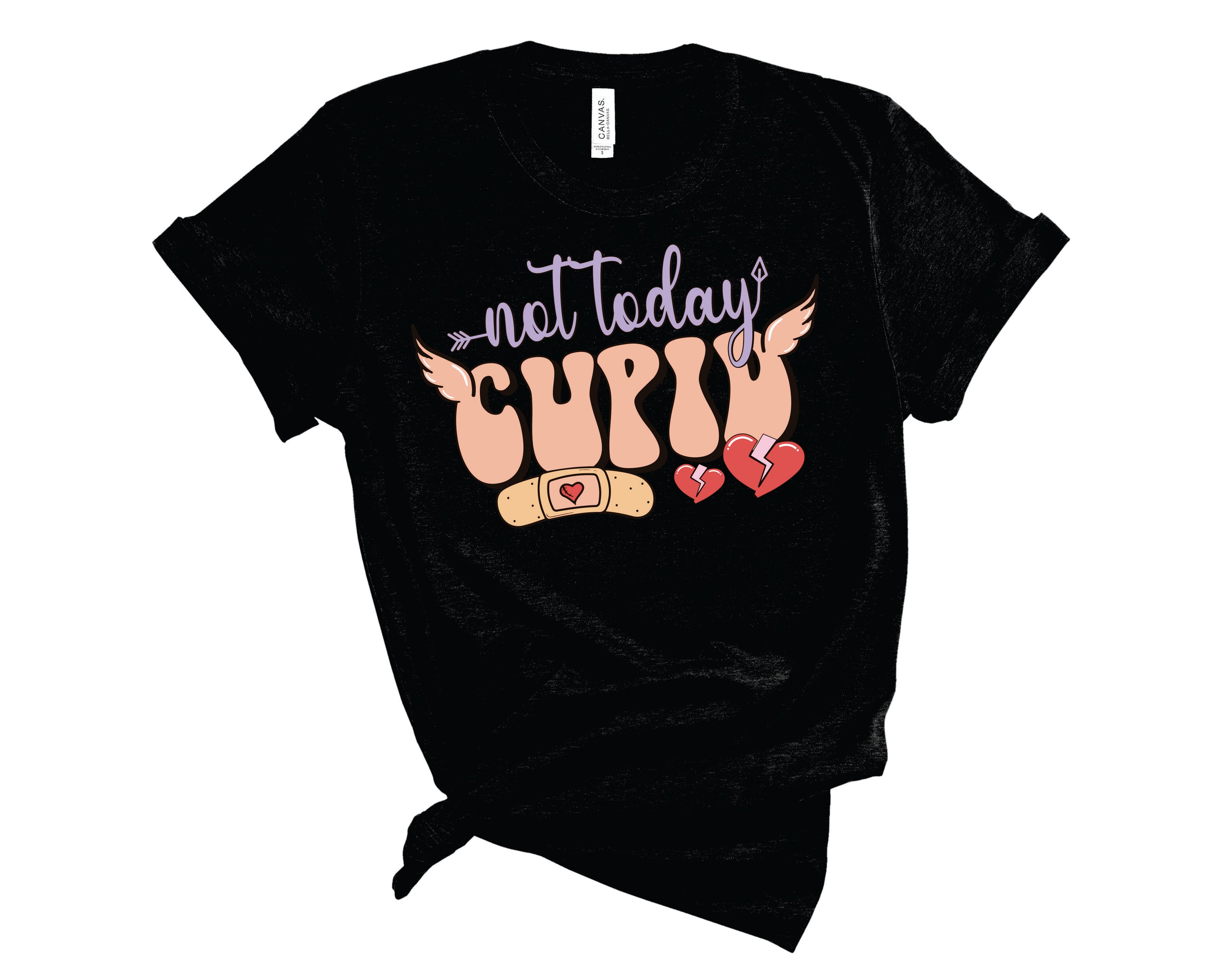 Not Today Cupid graphic tee featuring a humorous design, suitable for unisex wear, made from soft fabric.