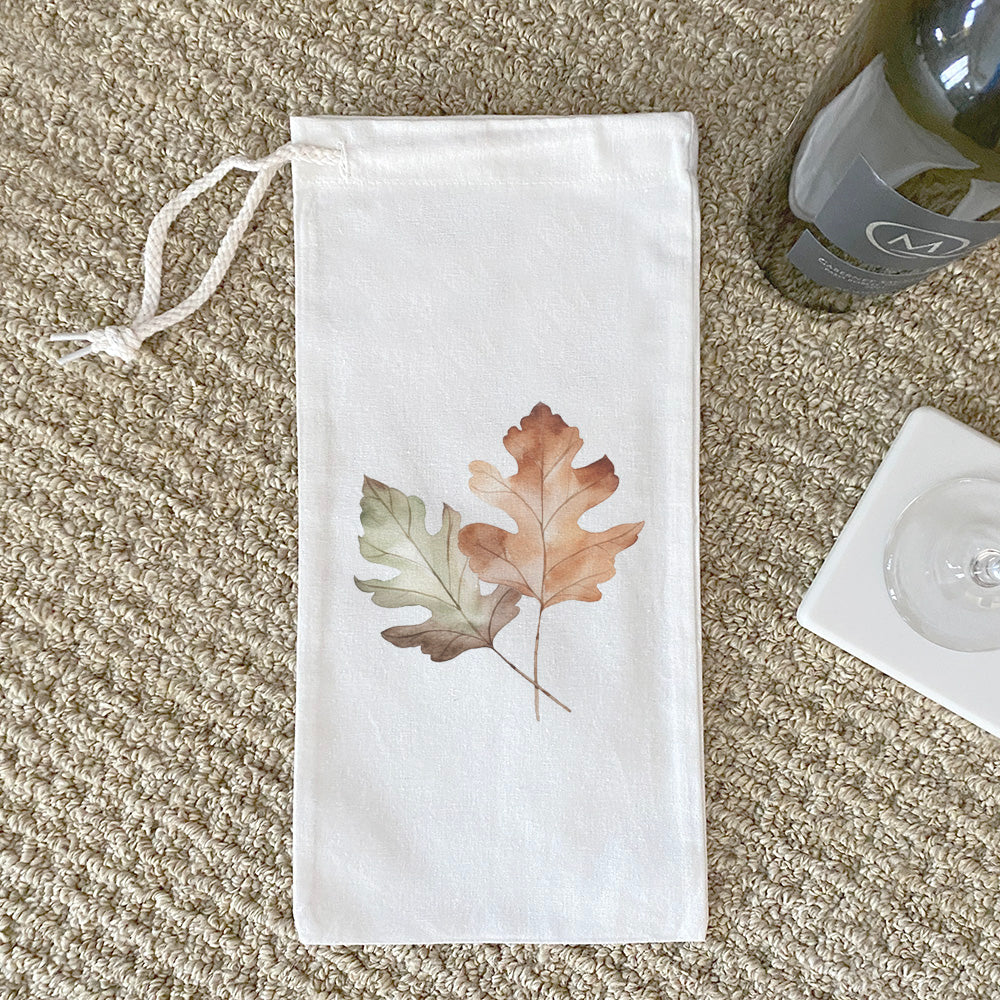 Stylish Oak Leaves Canvas Wine Bag with drawstring closure, designed for 750mL wine bottles.