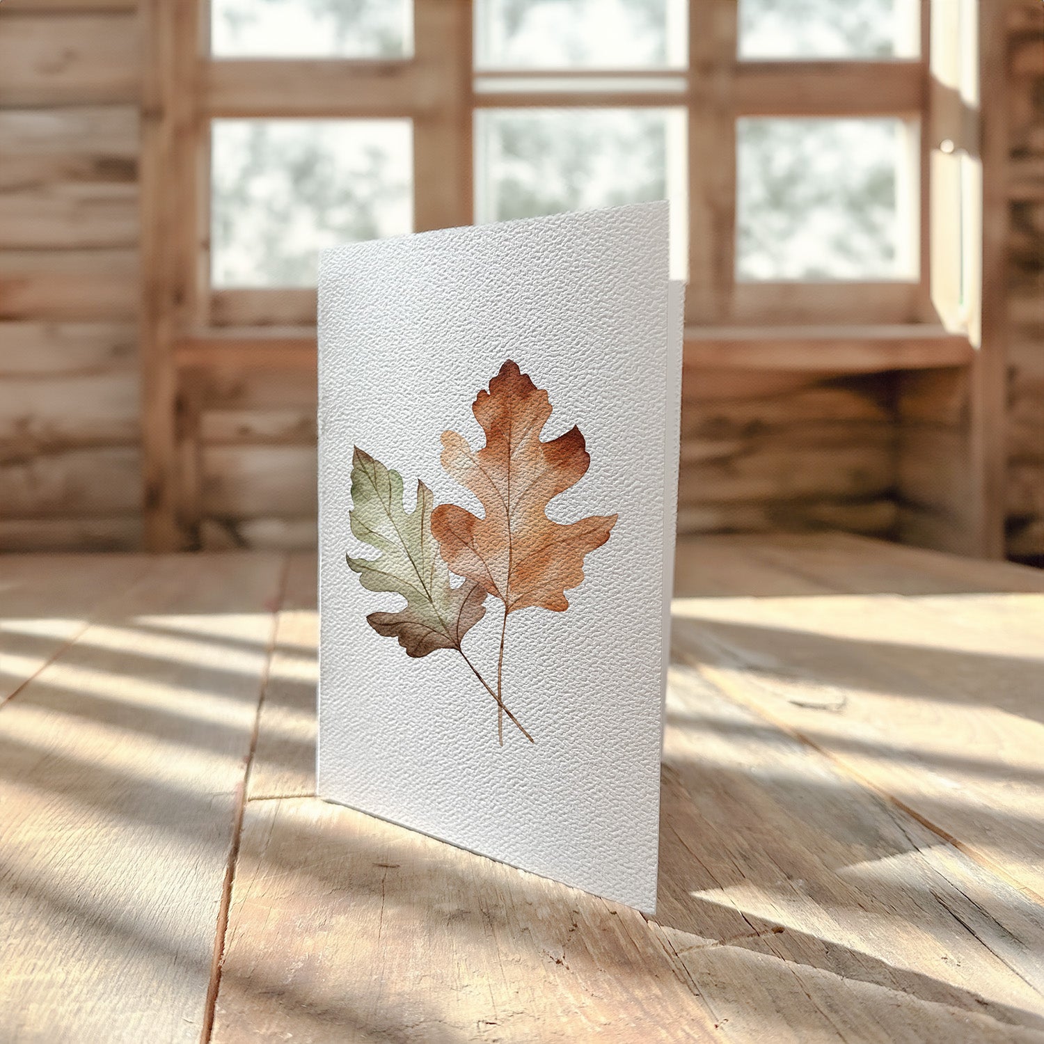Oak Leaves greeting card featuring an elegant design on ultra white cardstock with a felt finish.