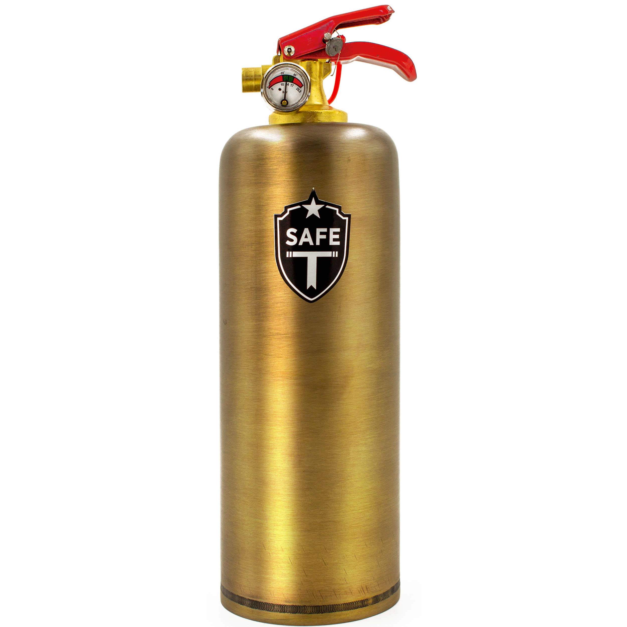 Safe-T Old Brass fire extinguisher with an antique finish, showcasing its elegant design and high-quality materials.