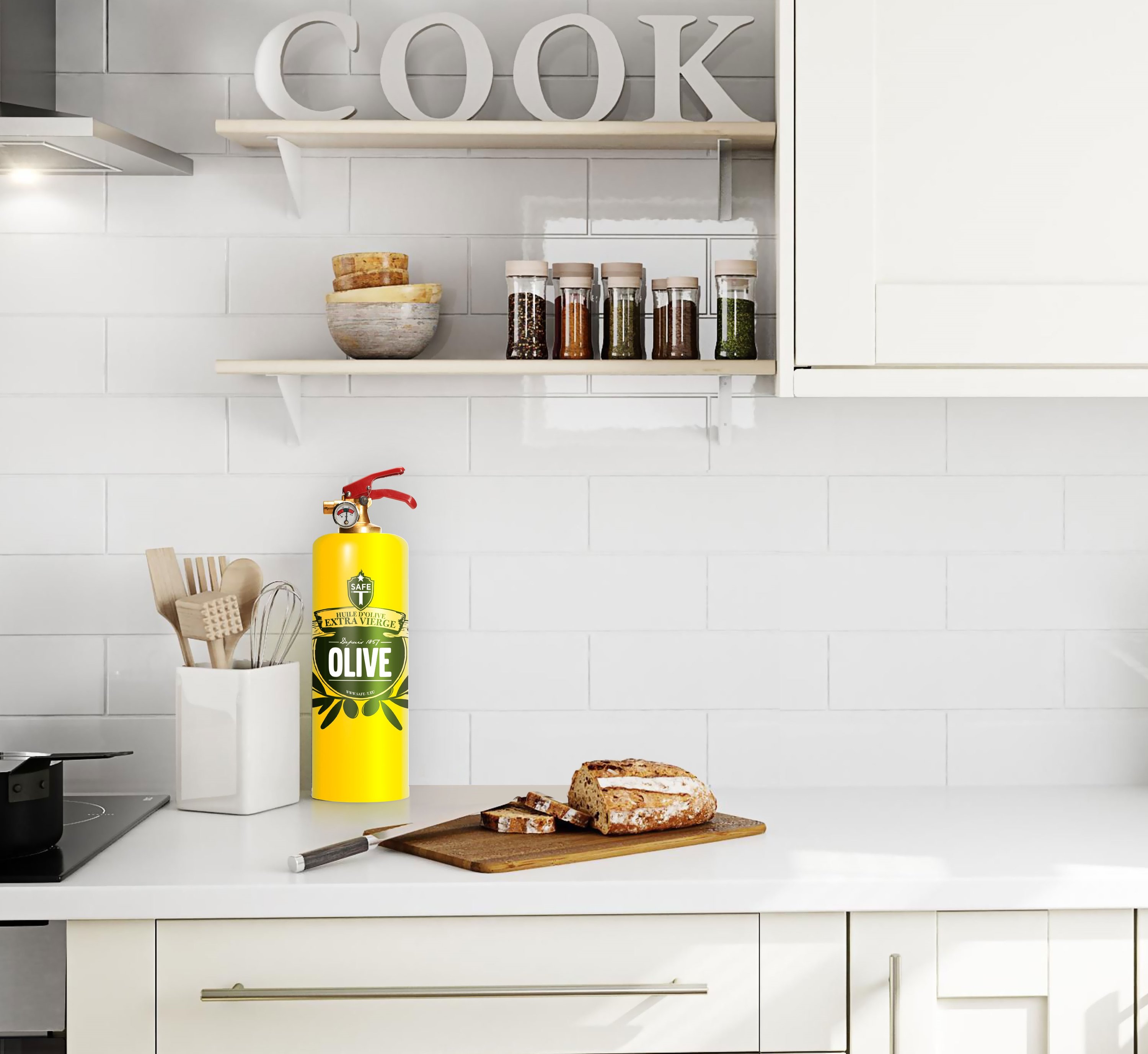 Stylish OLIVE fire extinguisher in a chic design, made of steel and brass, perfect for home decor.