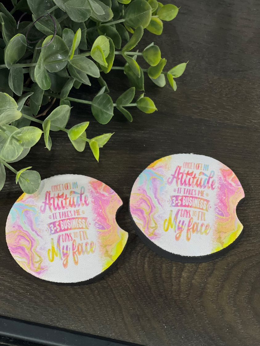 Once I Get An Attitude Car Coaster Set featuring a unique design, made of durable neoprene, perfect for car cup holders.