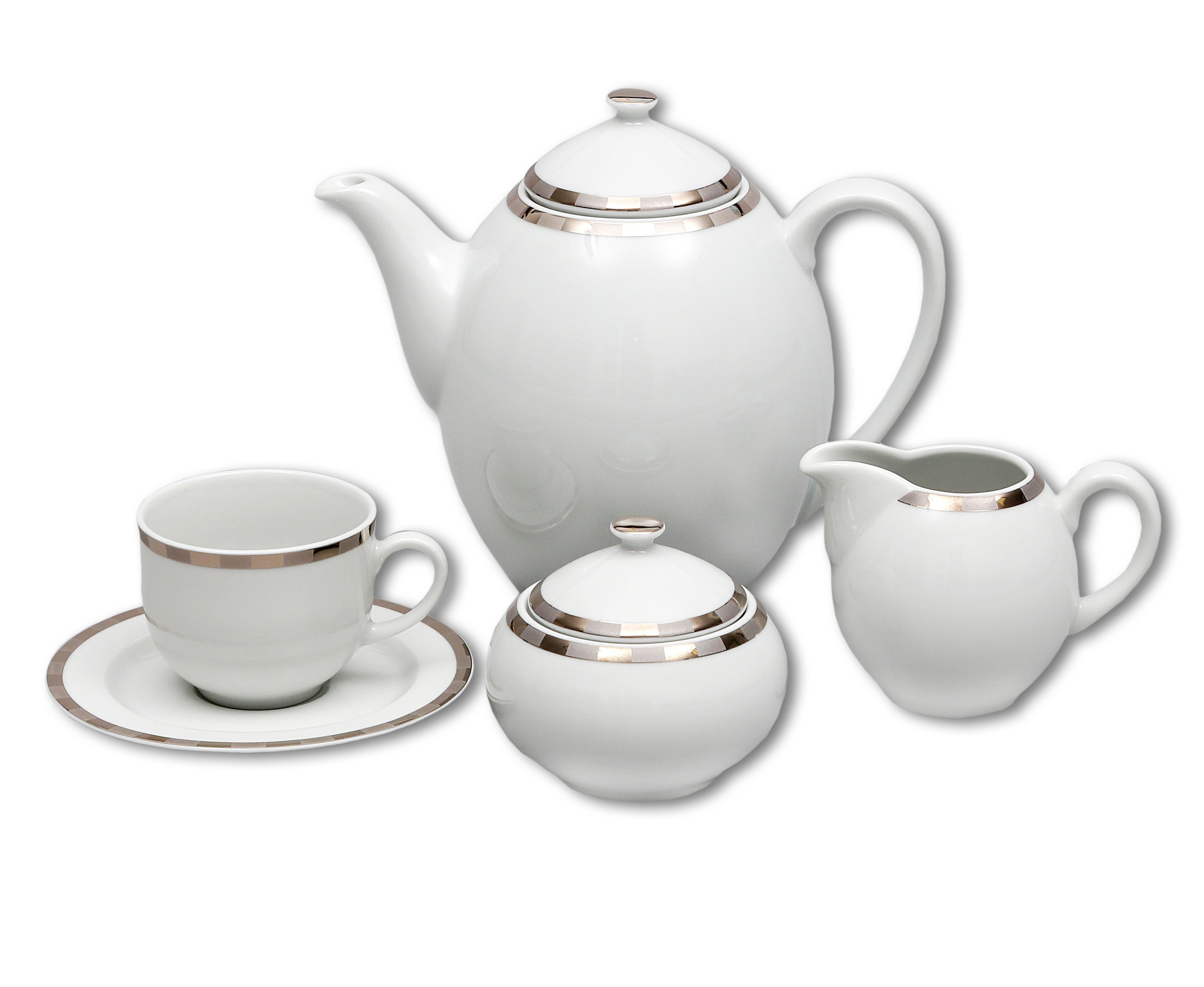 Elegant OPAL Tea Set featuring six cups with saucers, a teapot with lid, a sugar bowl with lid, and a milk pot, all in fine porcelain.