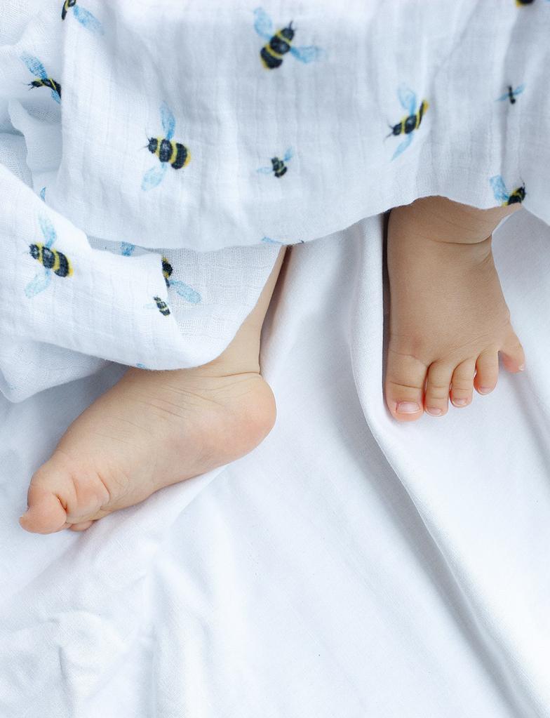 Organic Swaddle - Bee made from soft GOTS certified cotton, featuring a bee pattern, perfect for swaddling babies.