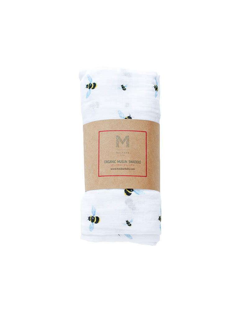Organic Swaddle - Bee made from soft GOTS certified cotton, featuring a bee pattern, perfect for swaddling babies.