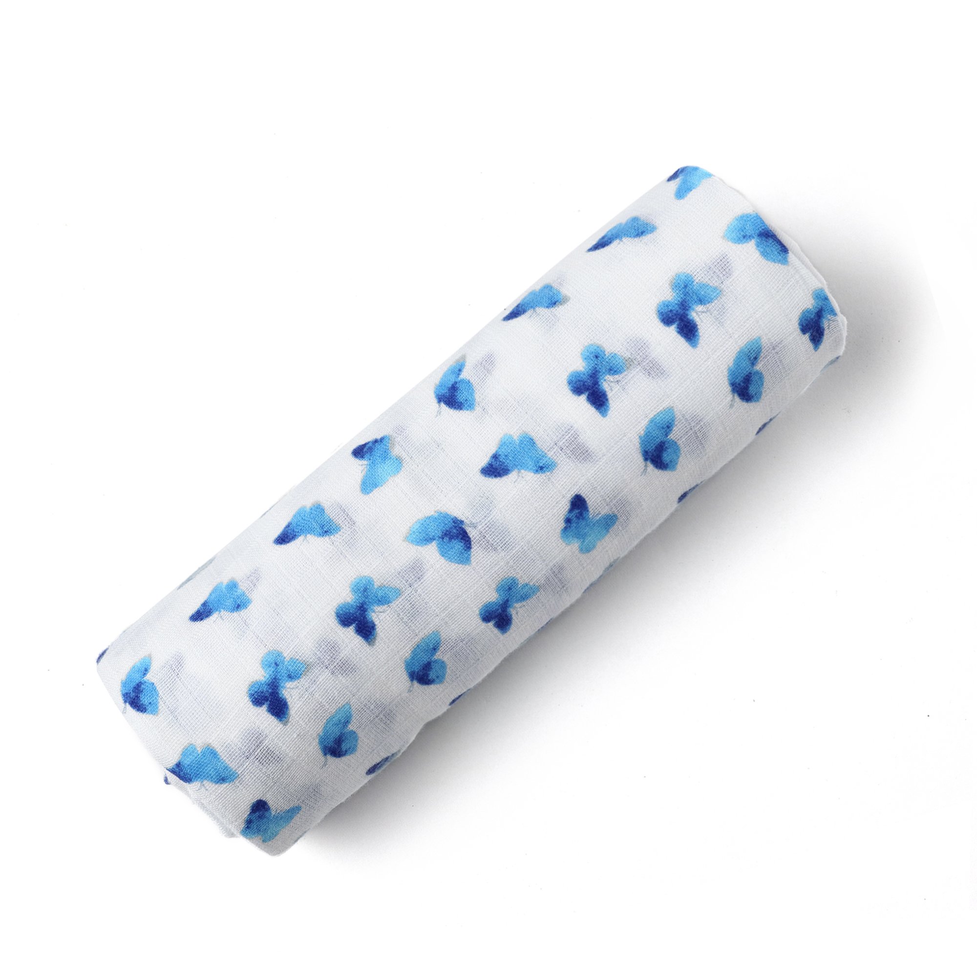 Luxuriously soft Organic Swaddle in Blue Butterfly design, made from GOTS certified organic cotton, perfect for babies.