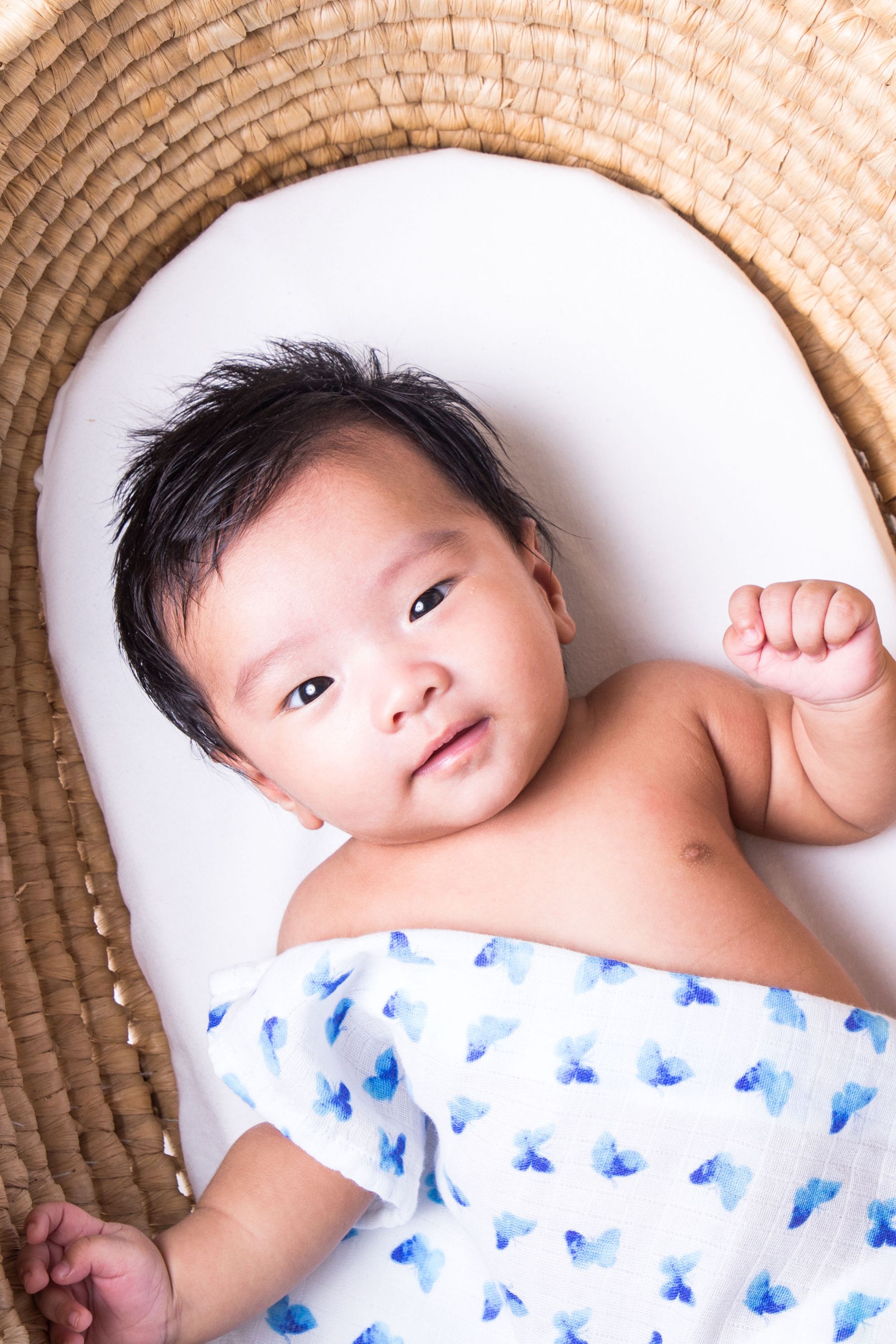 Luxuriously soft Organic Swaddle in Blue Butterfly design, made from GOTS certified organic cotton, perfect for babies.